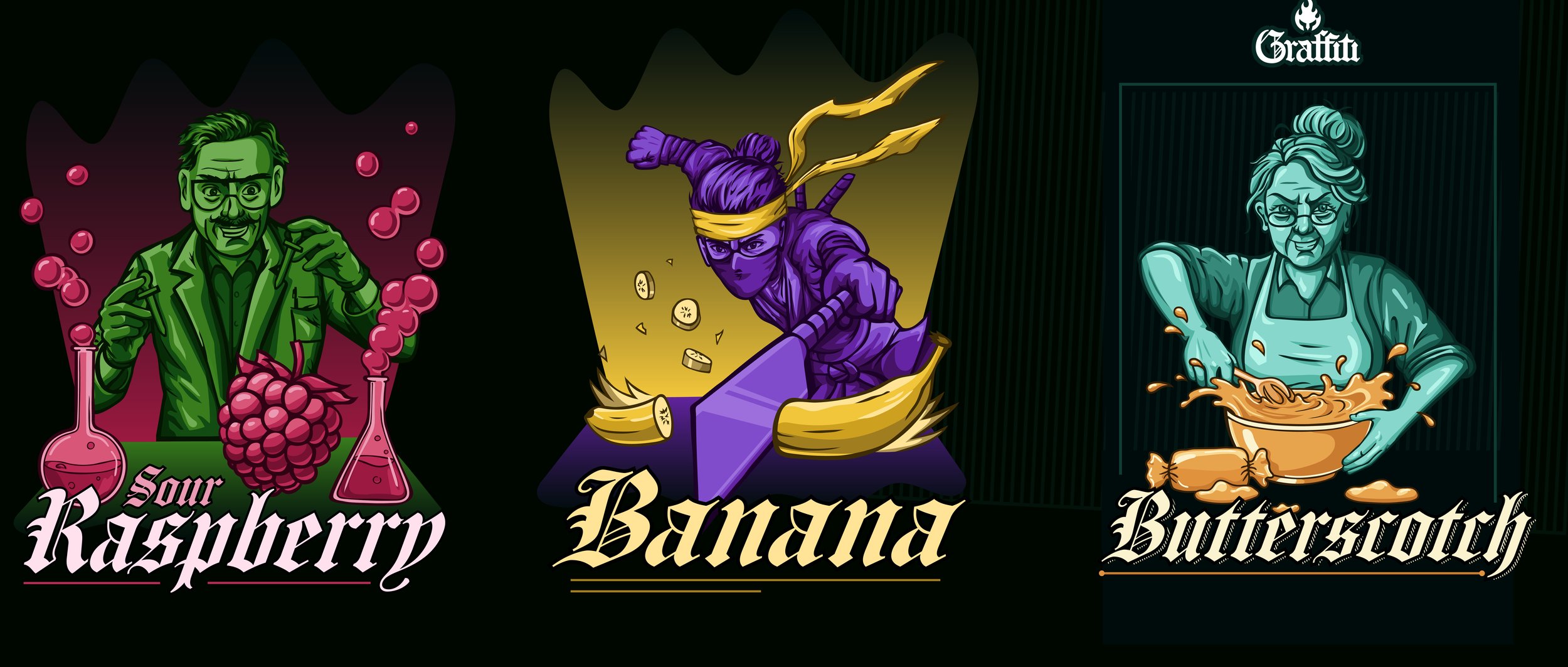 Colorful digitally illustrated characters representing sour raspberry, ninja banana, and butterscotch flavors, each with themed backgrounds and stylized text labels.