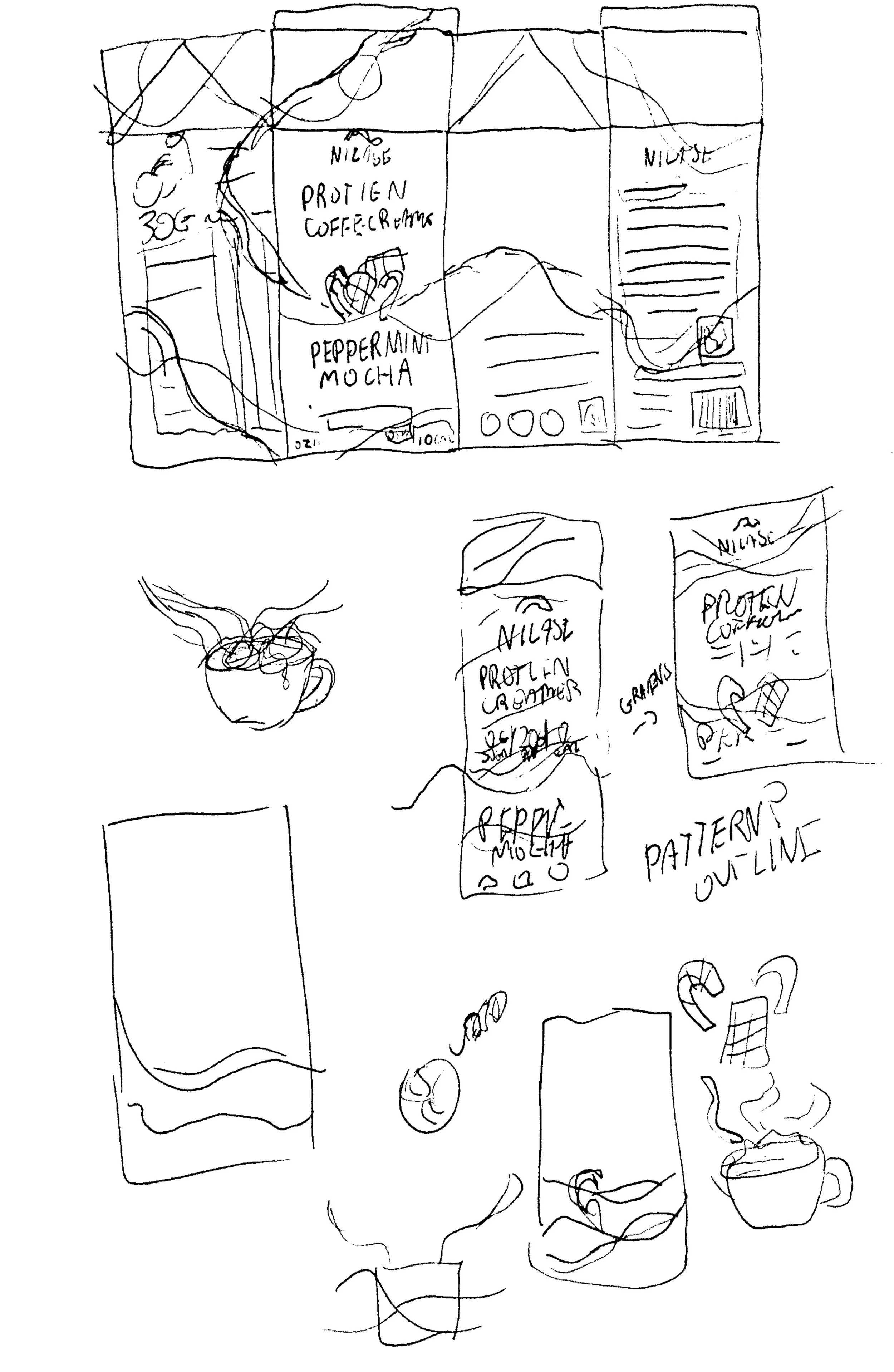 A sketch of a mobile app interface with sections for coffee product details, a cup of coffee, and wireframes for a pattern outline, with handwritten notes and icons.