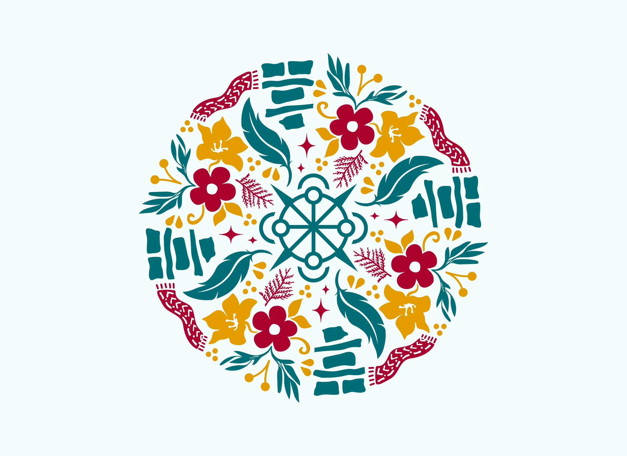 A colorful, symmetrical mandala featuring flowers, leaves, and geometric patterns in shades of red, yellow, teal, and white.