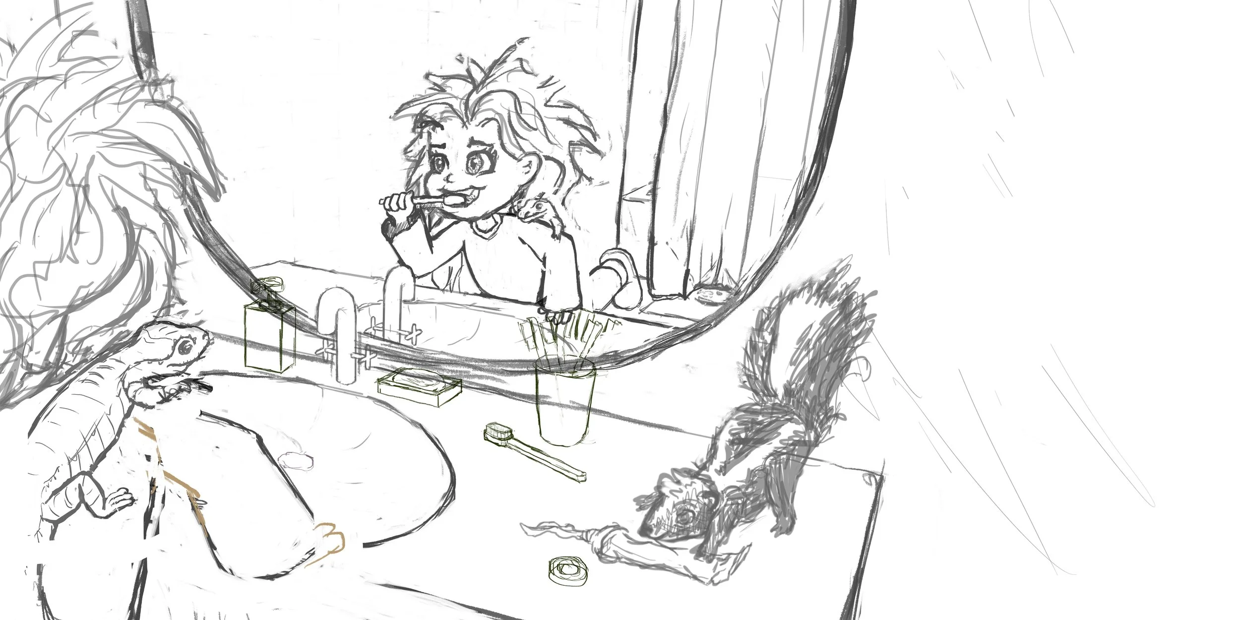 A sketch of a girl with messy hair brushing her teeth at a bathroom mirror. There are two cats in the scene: one on the sink and another on the counter, along with various toiletries and a cup holding toothbrushes.