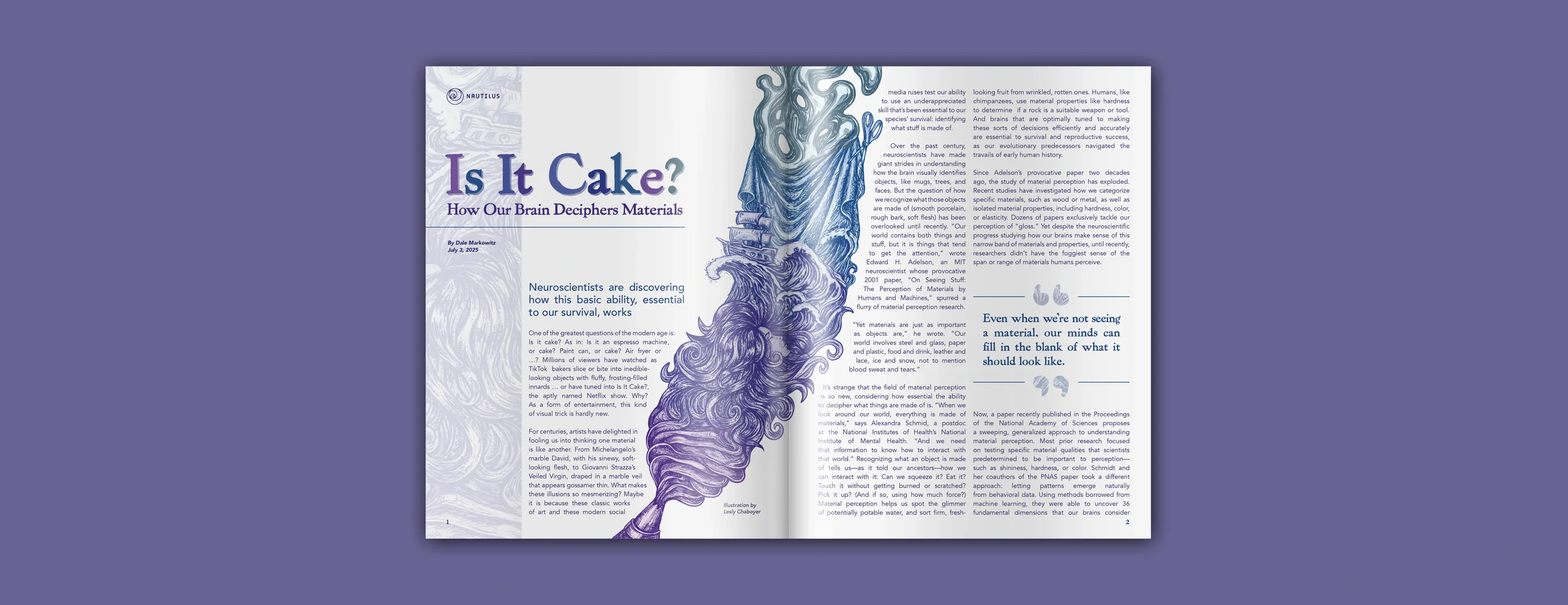 Magazine article titled "Is It Cake?" with a purple and white color scheme and an illustration of a brain with swirling patterns and a ship sailing through it.