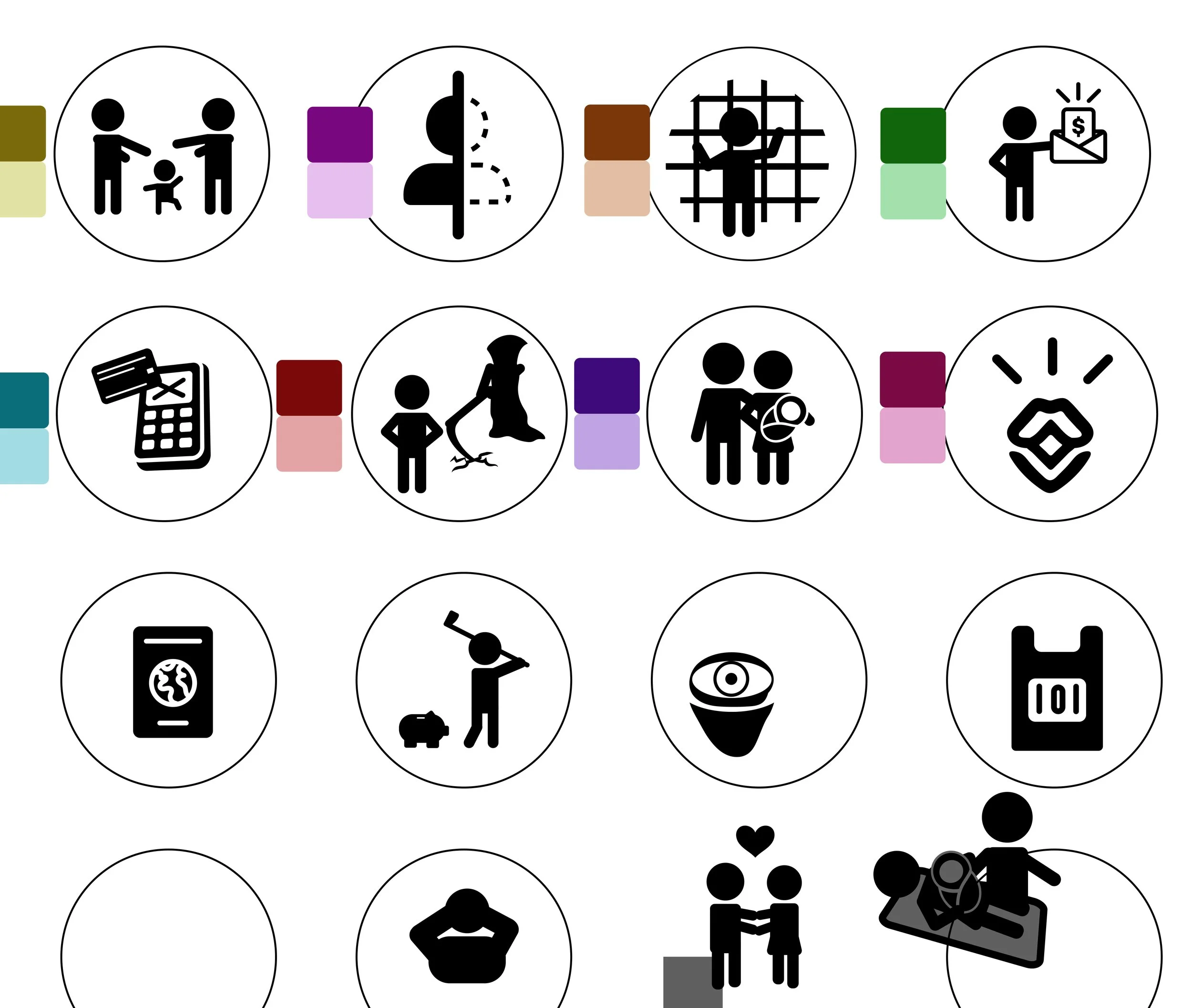 A collection of icons representing various activities and concepts, including family, meditation, construction, finance, shopping, environmental awareness, communication, social interactions, health, technology, sports, and hobbies.