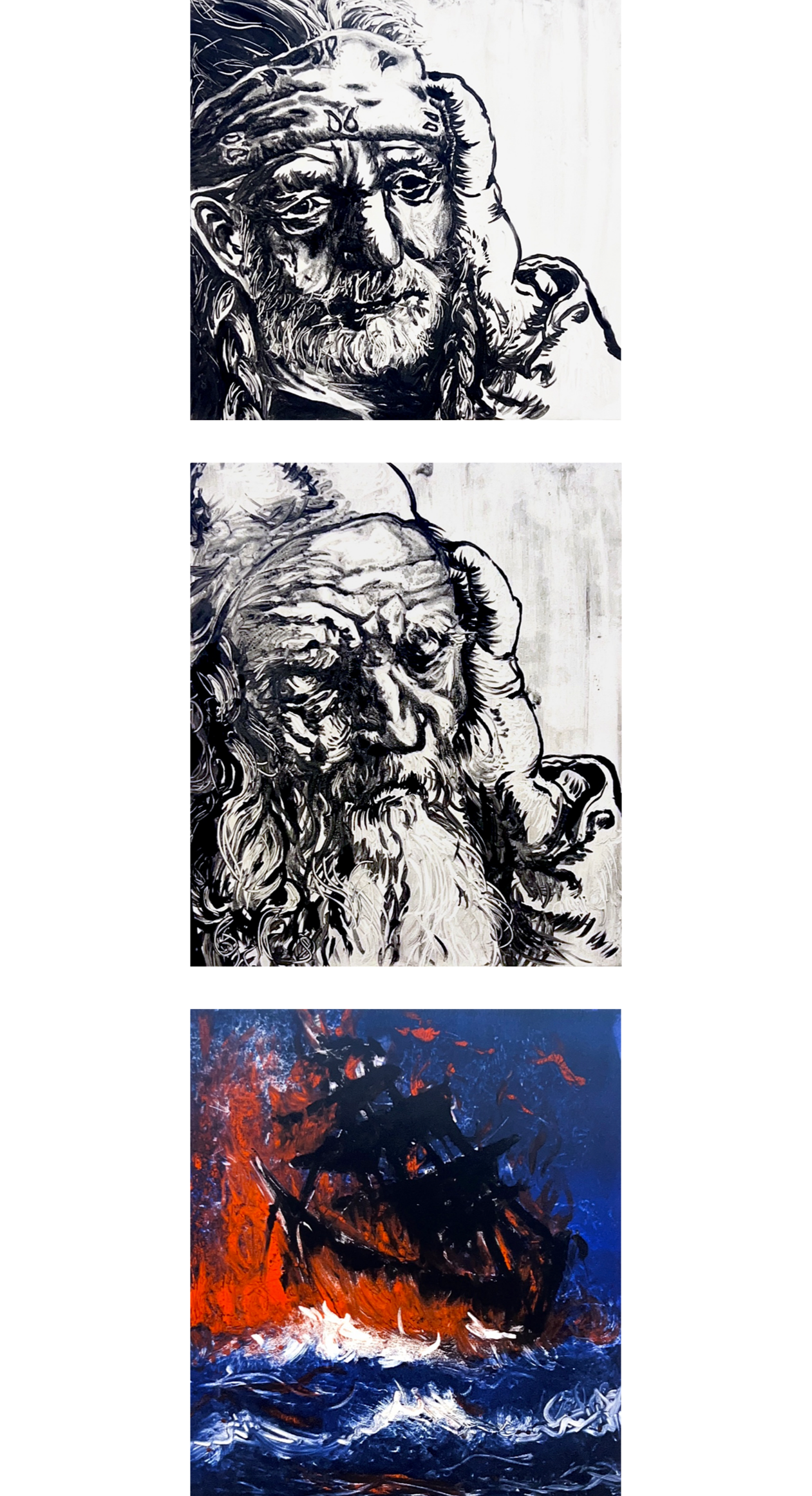 Three paintings: the first depicts a bearded man with long hair, the second shows an elderly man with a long beard, and the third portrays a ship on fire in rough seas.