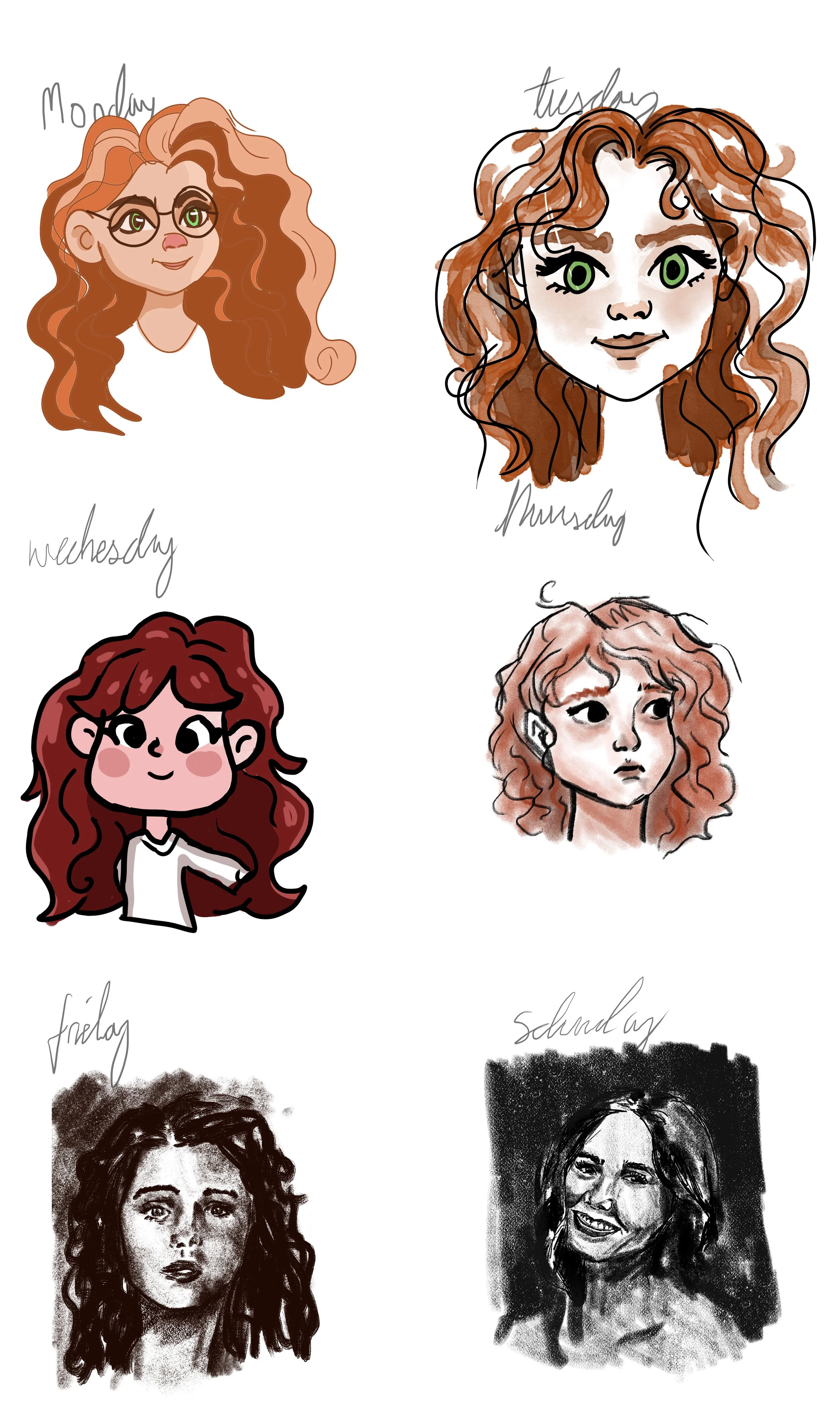 Six portraits of a woman with curly red hair, each labeled with a day of the week: Monday, Tuesday, Wednesday, Thursday, Friday, and Saturday. The illustrations vary in style, from cartoonish to realistic sketches.