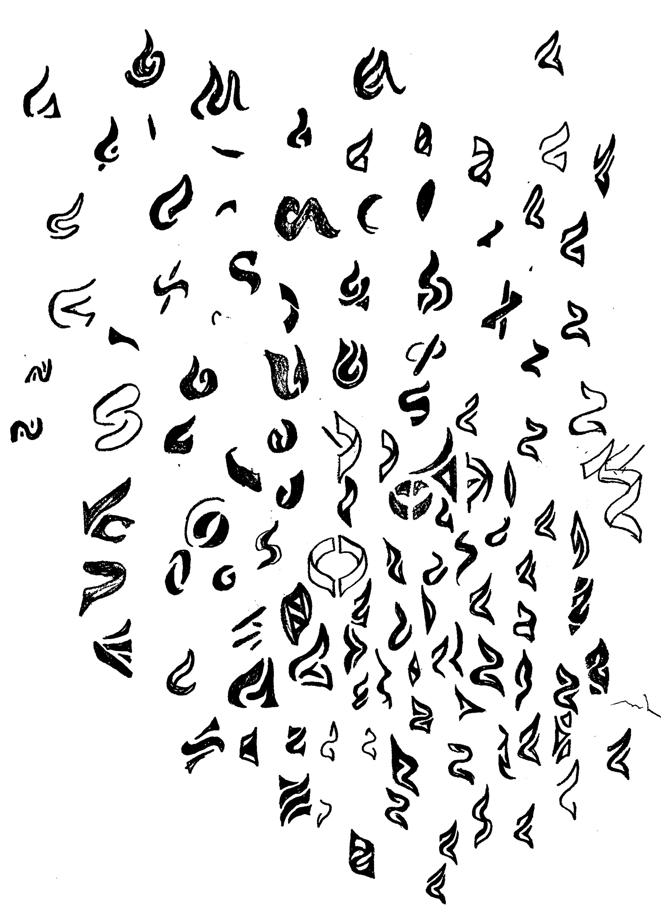 Black and white abstract drawing with various irregular shapes and lines.