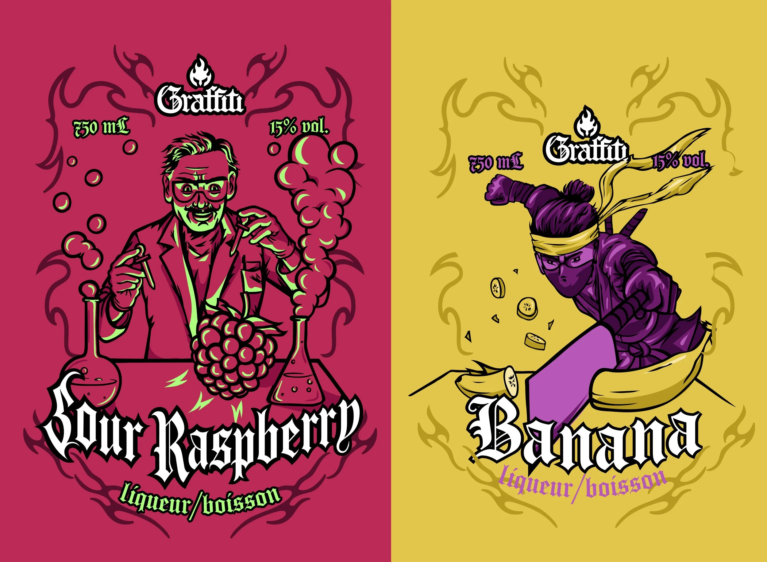 Colorful illustration of two liquor labels. The left label features a man with glasses and a beard holding a test tube and a bunch of raspberries, with the text 'Our Raspberry' and details about alcohol volume and content. The right label depicts a masked person with a bandana and wrapped arms, sitting on a banana, with the text 'Banana' and details about alcohol volume and content.