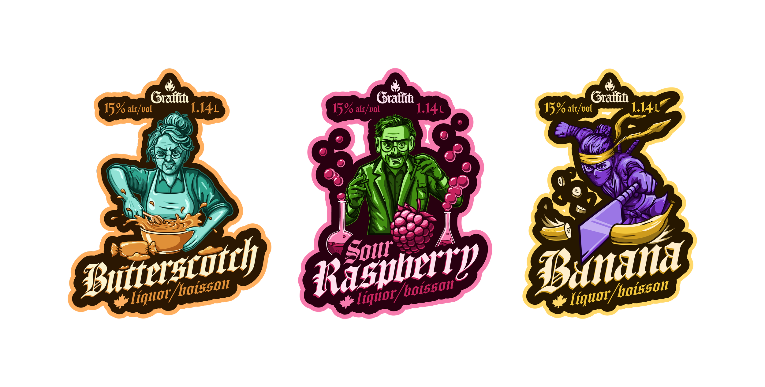 Three colorful liquor label designs with illustrations of people, each labeled as a type of sour flavored liquor: Butterscotch, Sour Raspberry, and Banana. The labels include alcohol content 15% and volume 1.14L, with bold and stylized texts.