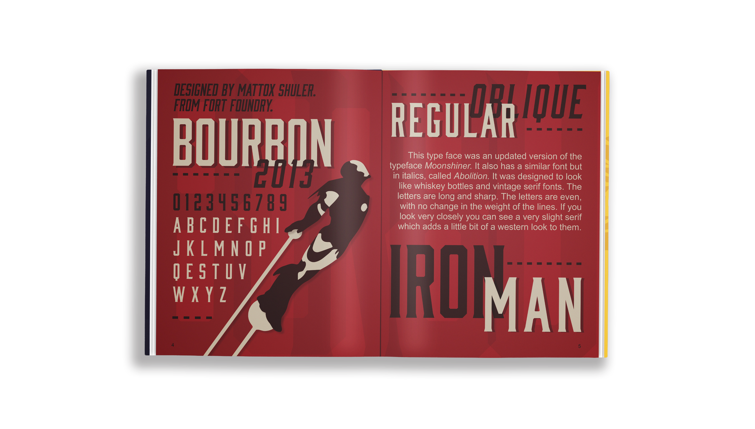 Open magazine pages featuring a vintage-inspired typography design with a silhouette of a rock climber, text about font styles, and a red background.