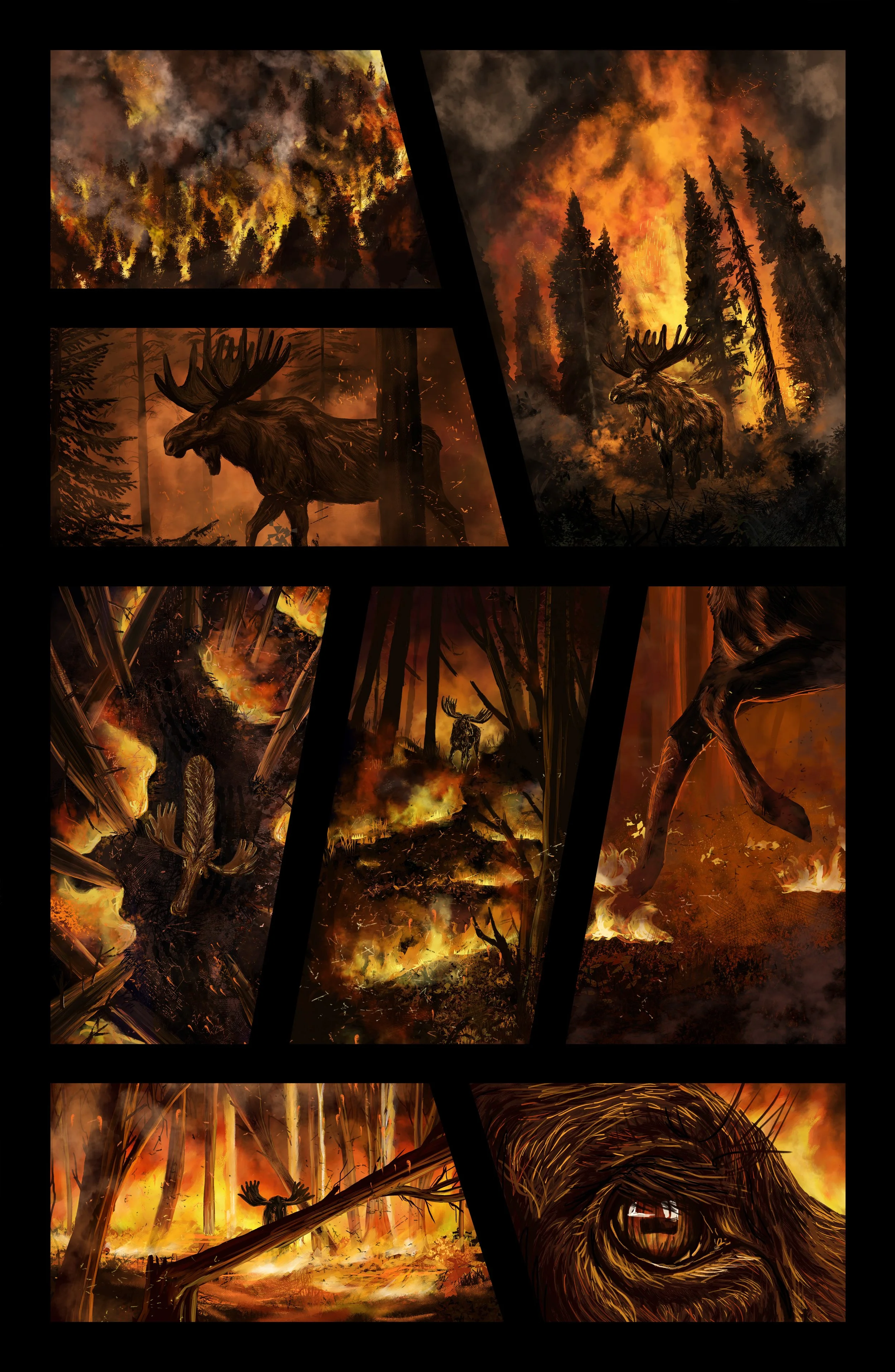 A series of illustrations depicting a forest fire with flames, smoke, and trees burning, including moose fleeing and a close-up of a burning animal eye.