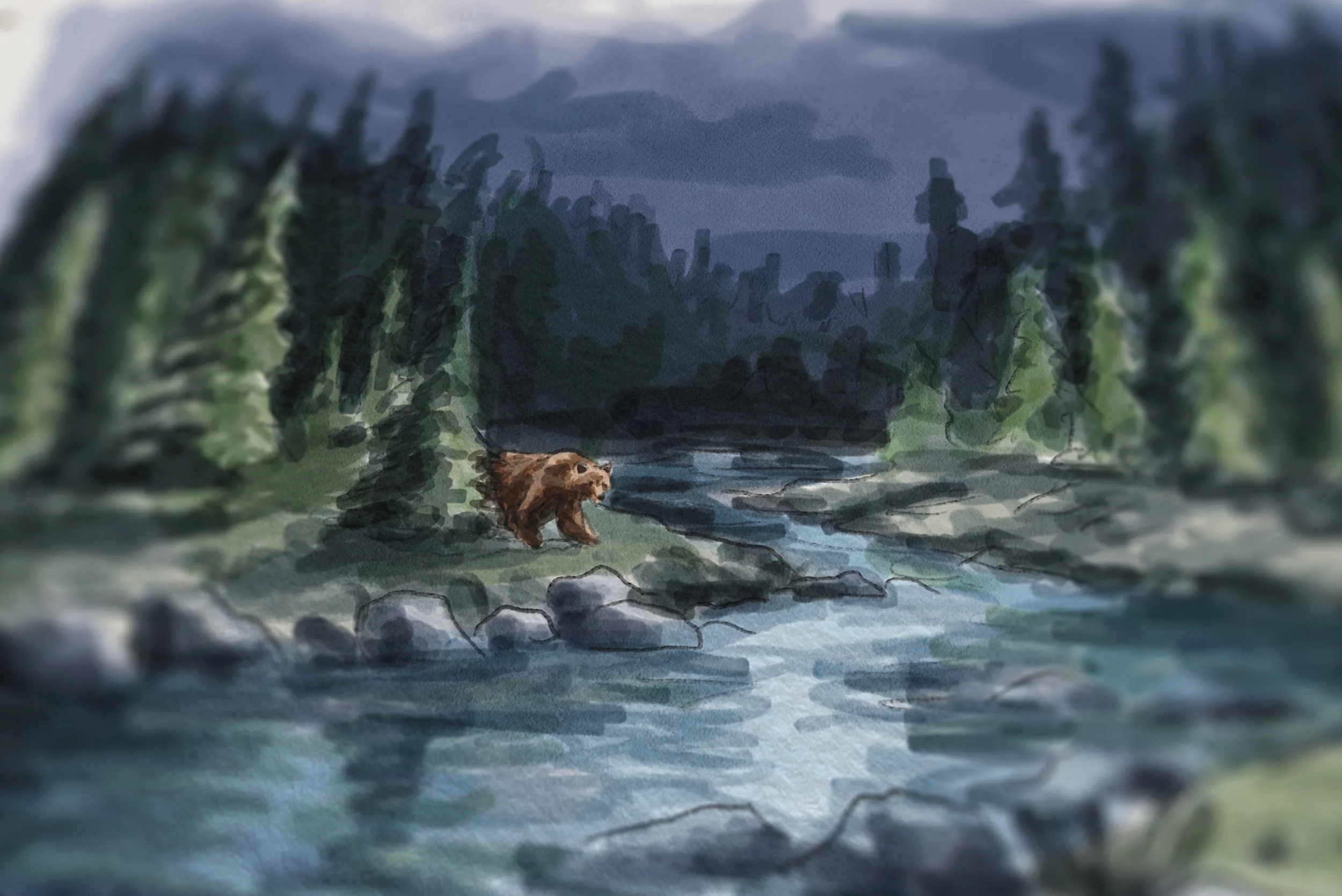 A painting of a brown bear standing on rocks at the edge of a stream in a forest with tall evergreen trees and mountains in the background.