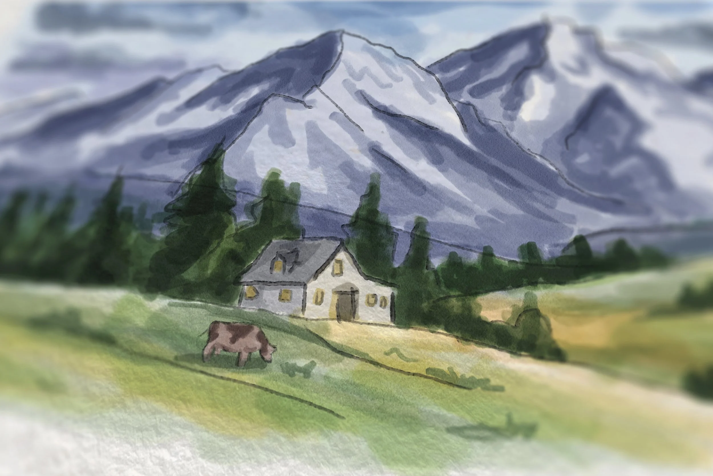 A watercolor painting of a mountainous landscape showing a large snow-capped mountain, a small house with lit windows, a cow grazing on green grass, tall trees, and a partly cloudy sky.