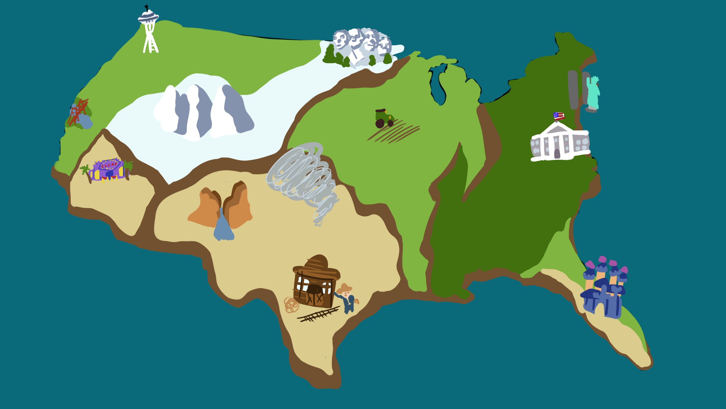 Illustrated map of the United States with iconic landmarks and features representing different regions, including the Space Needle, Mount Rushmore, the White House, Statue of Liberty, and natural elements like mountains, lakes, and forests.