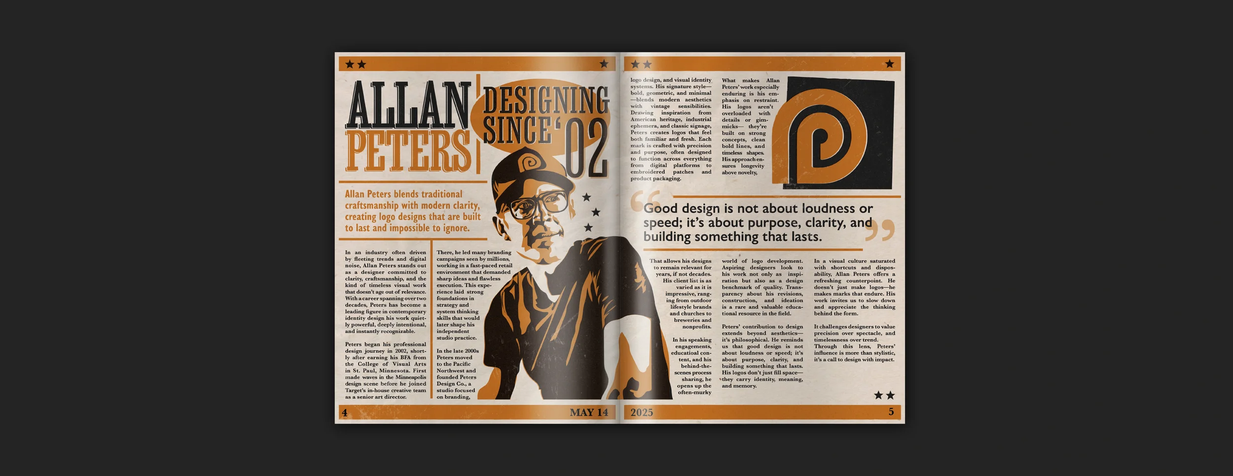 A two-page magazine spread introducing Allan Peters, a graphic designer. It features a portrait illustration of Allan Peters, bold text highlighting his name and design philosophy, and various design elements. The article discusses his career, design principles, and influence in branding and logo creation.