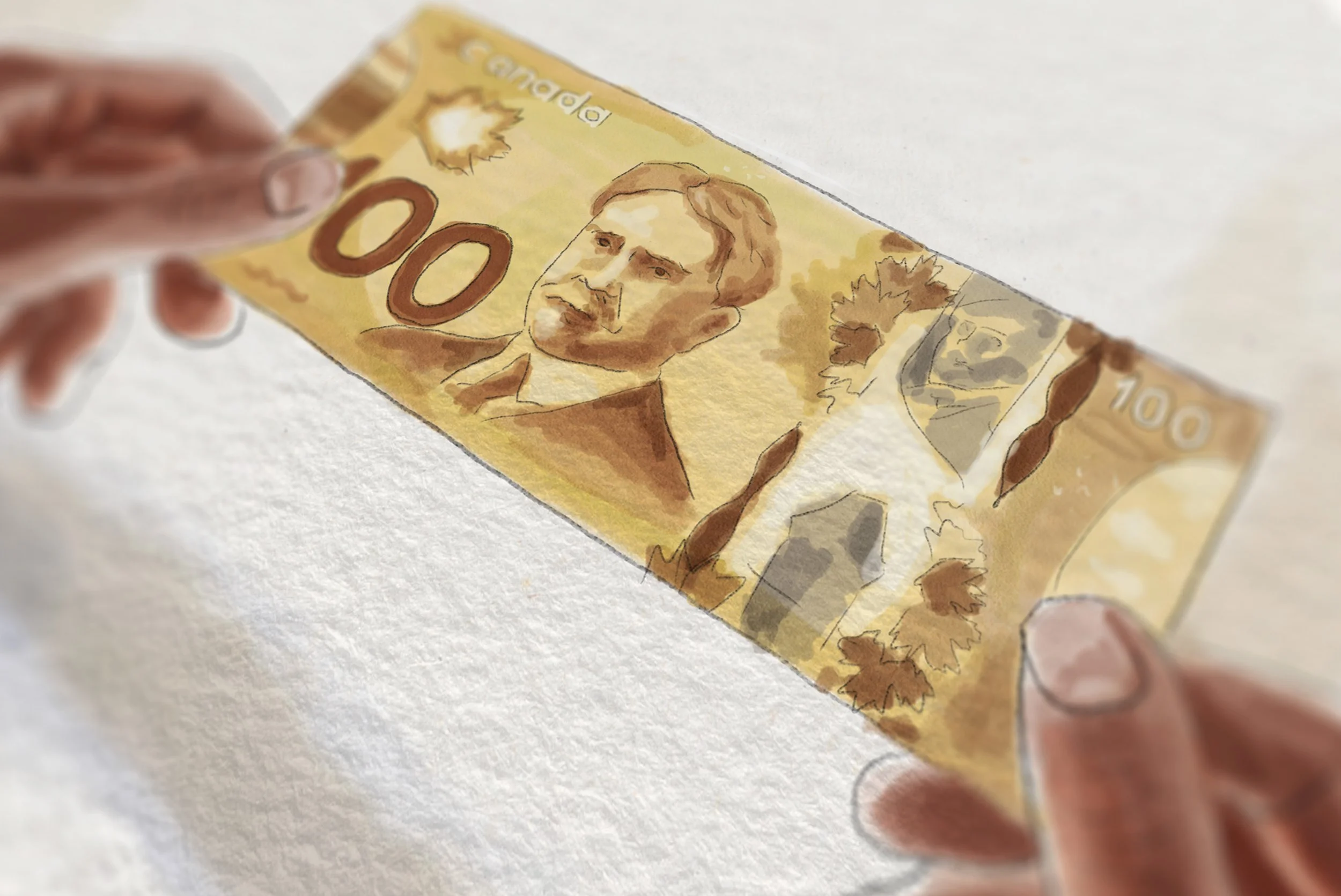 Hands holding a 100 dollar bill with a painted portrait of Abraham Lincoln.