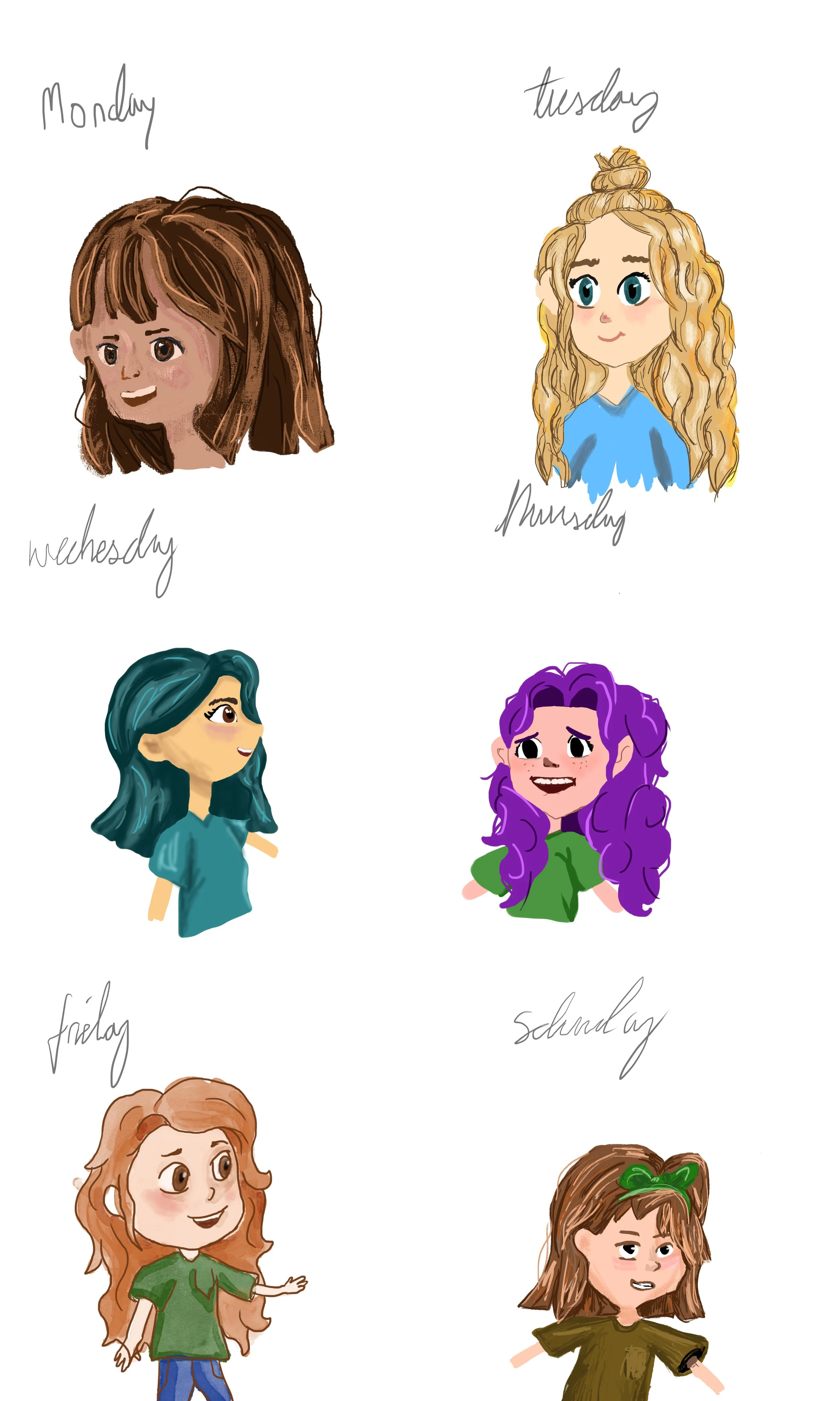 Six cartoon girls, each labeled with a different weekday: Monday, Tuesday, Wednesday, Thursday, Friday, Saturday, in casual clothing, with different hair colors and styles.