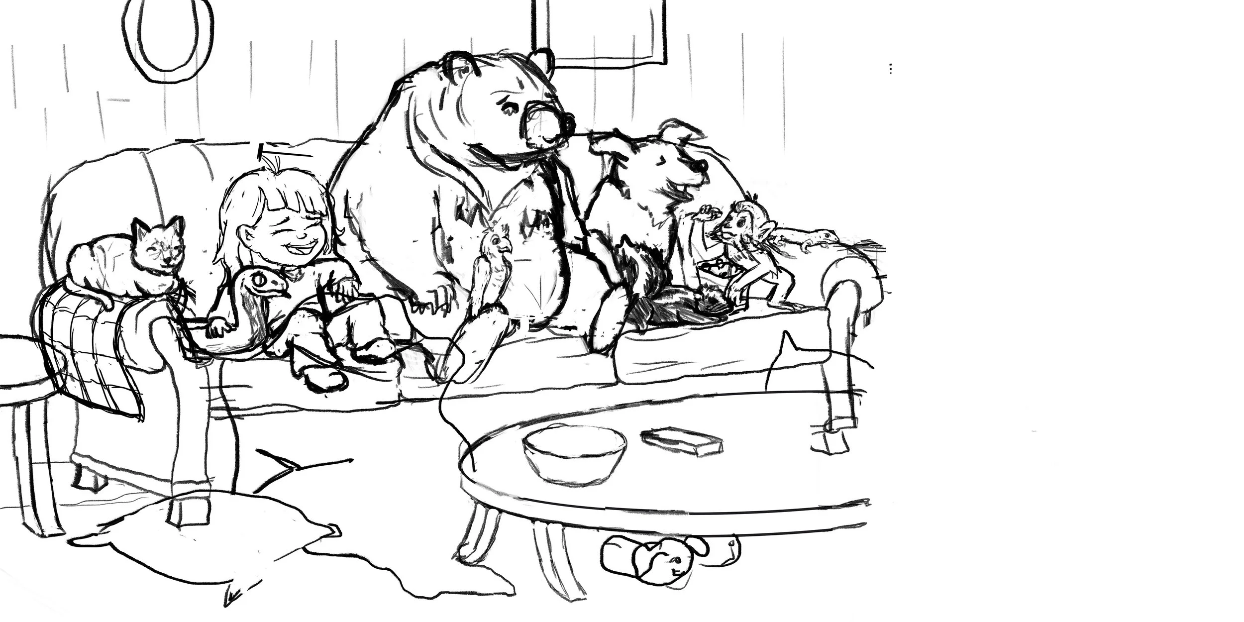 Line drawing of a girl, two dogs, a cat, a frog, and a bird sitting on a couch in a living room, with a coffee table in front, a pillow on the floor, and a picture on the wall.
