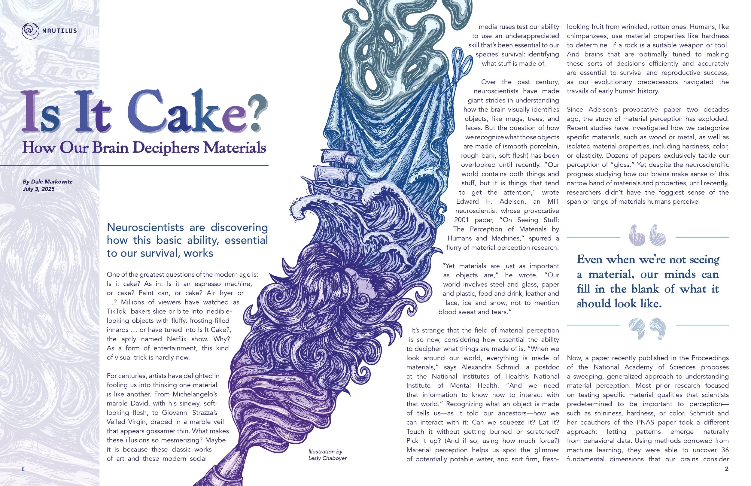 Magazine article titled 'Is It Cake? How Our Brain Deciphers Materials' with an illustration of a sailboat on turbulent water, drawn in shades of blue and purple, spanning the center of the two pages.
