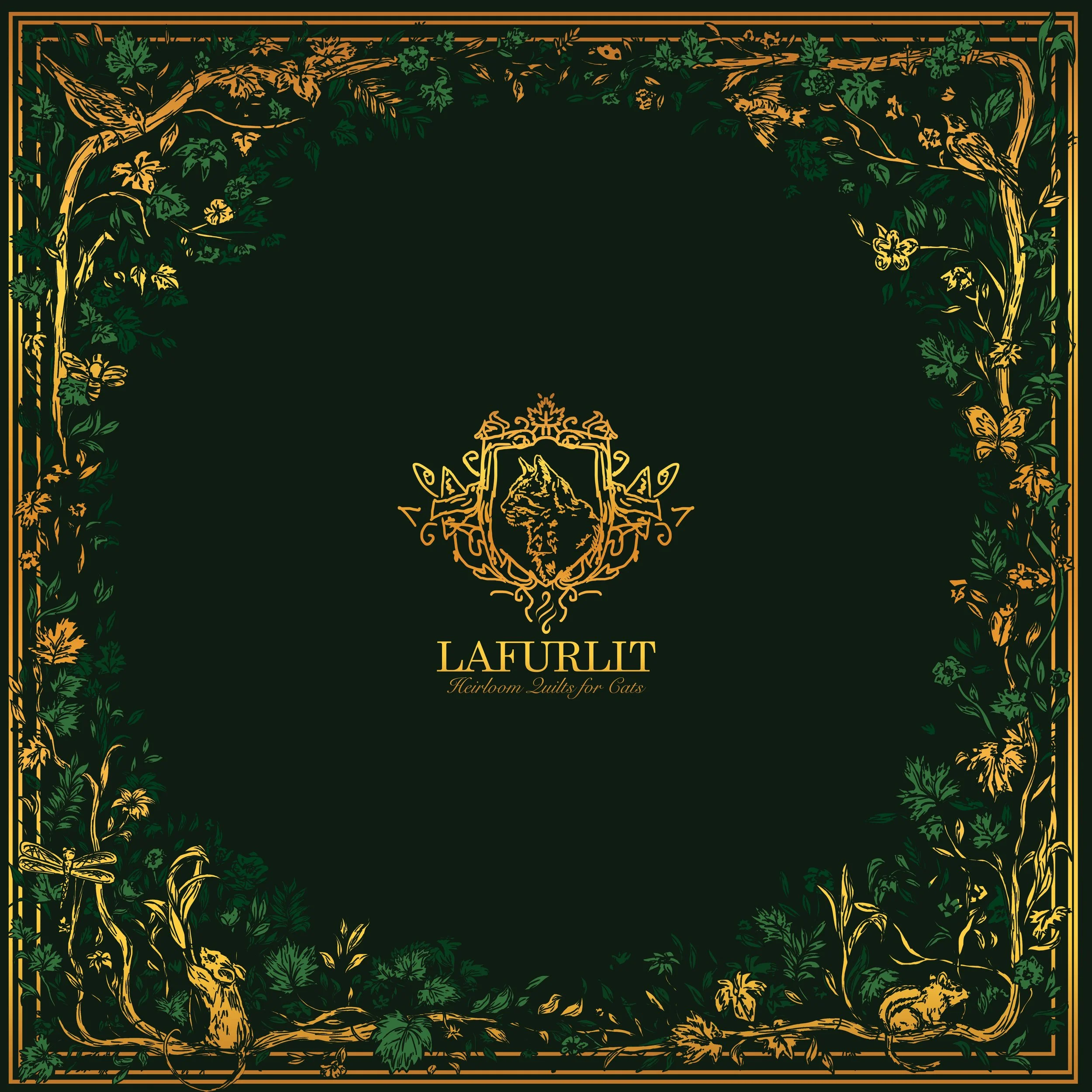 Elegant black and gold ornate border design with floral and vine motifs and a crest featuring a fox. Text reads 'LAFURILT' and 'Heirloom Quilts for Cats'.