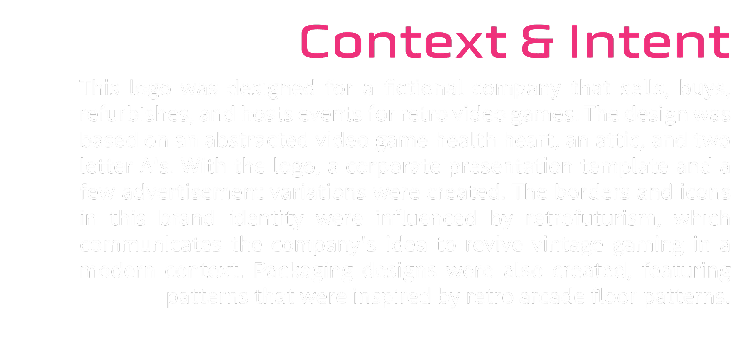 Text explaining the design and purpose of a vintage gaming-themed logo, including its inspiration from abstract video game symbols, retro arcade patterns, and its use in branding and advertising.