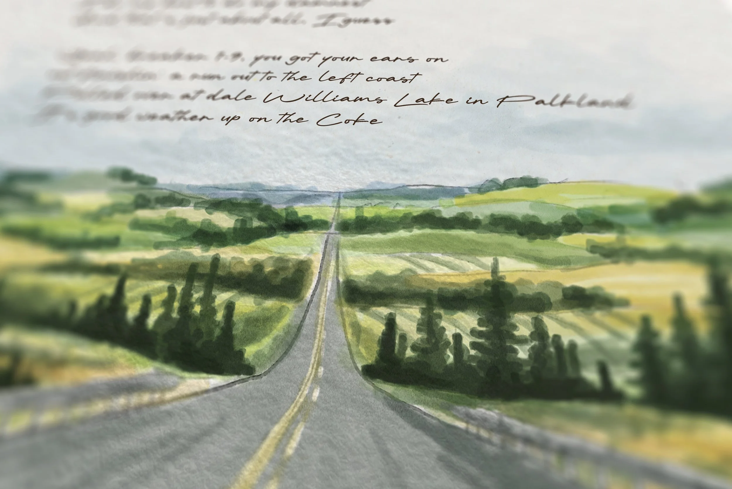 Painting of a rural road extending into the horizon with green fields and trees on both sides, and a partly cloudy sky above.