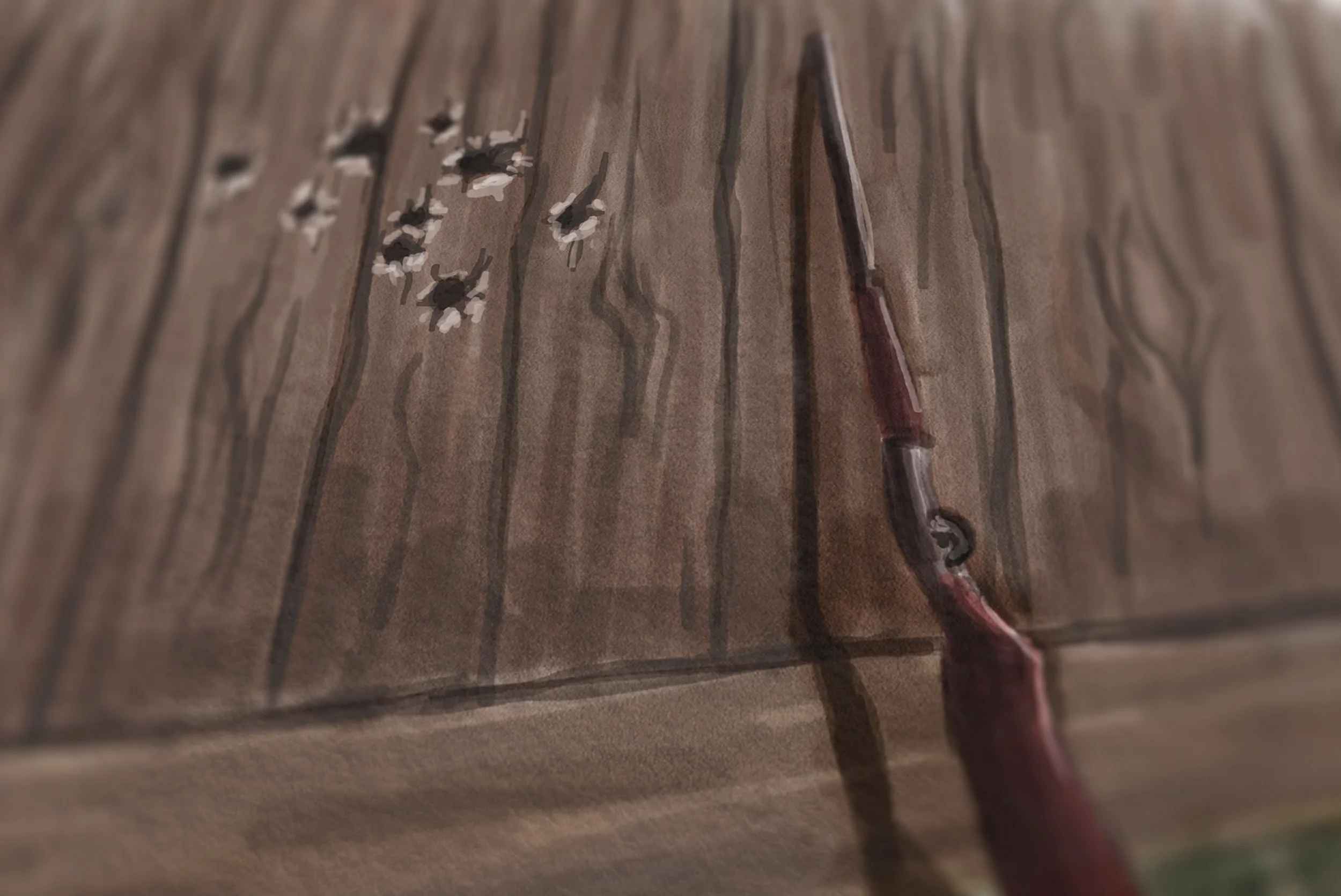 A wooden surface with several small holes and a vintage straight razor placed on it.