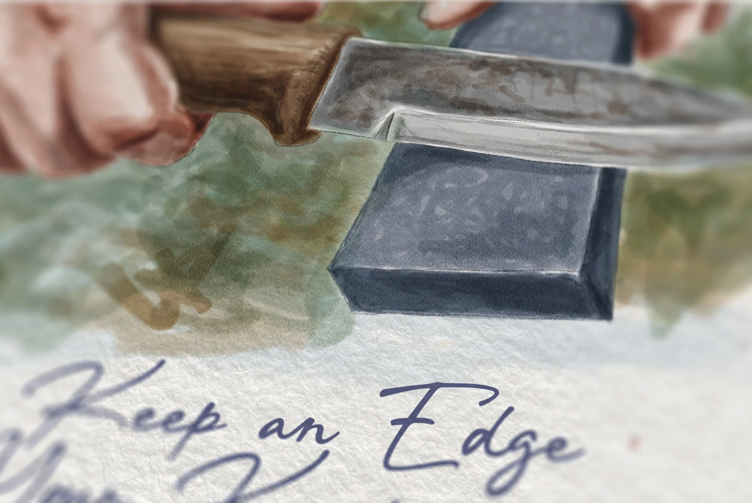 A hand holding a chef's knife with a wooden handle, positioned above a black rectangular object. The surface beneath has handwritten cursive text that says 'Keep an Edge'.