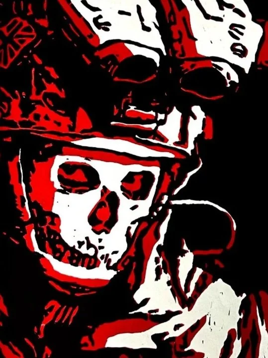 A graphic illustration of a skeleton wearing a military helmet, with a dark background and red, black, and white colors.