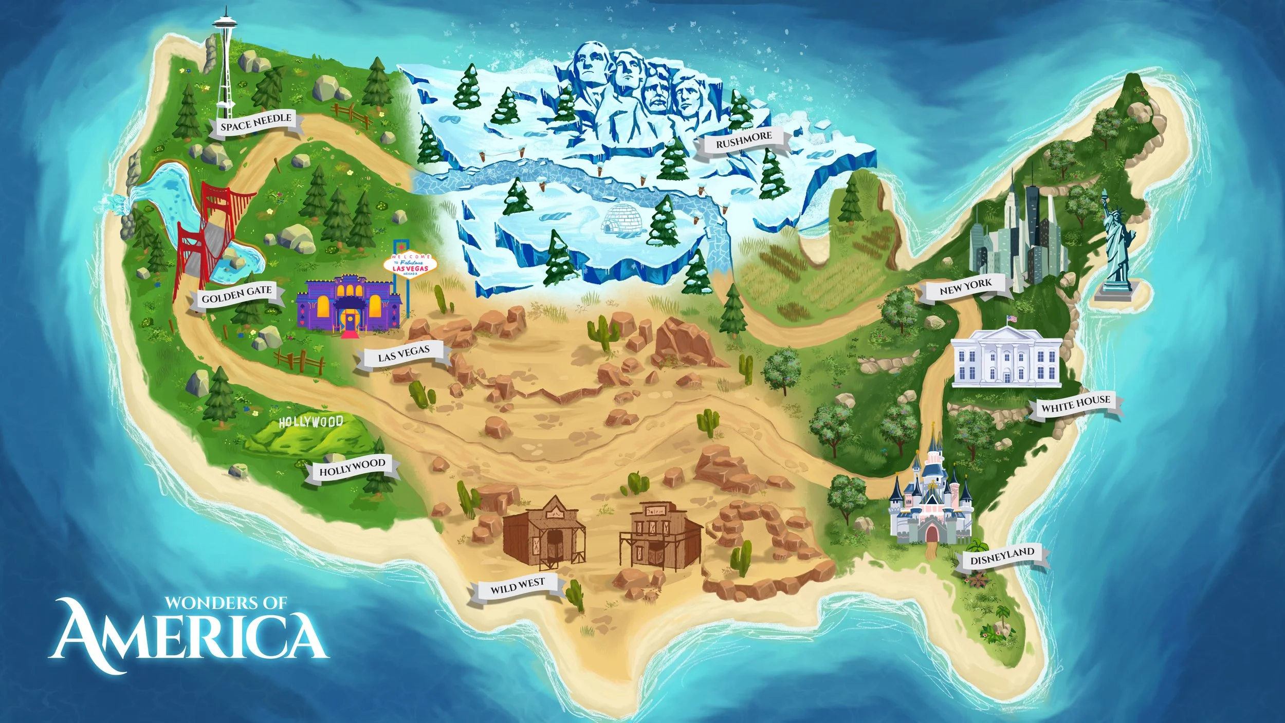 Map of America with various iconic landmarks labeled, including Space Needle, Rushmore, Golden Gate, Las Vegas, Hollywood, Wild West, DisneyLand, White House, New York, and Statue of Liberty.