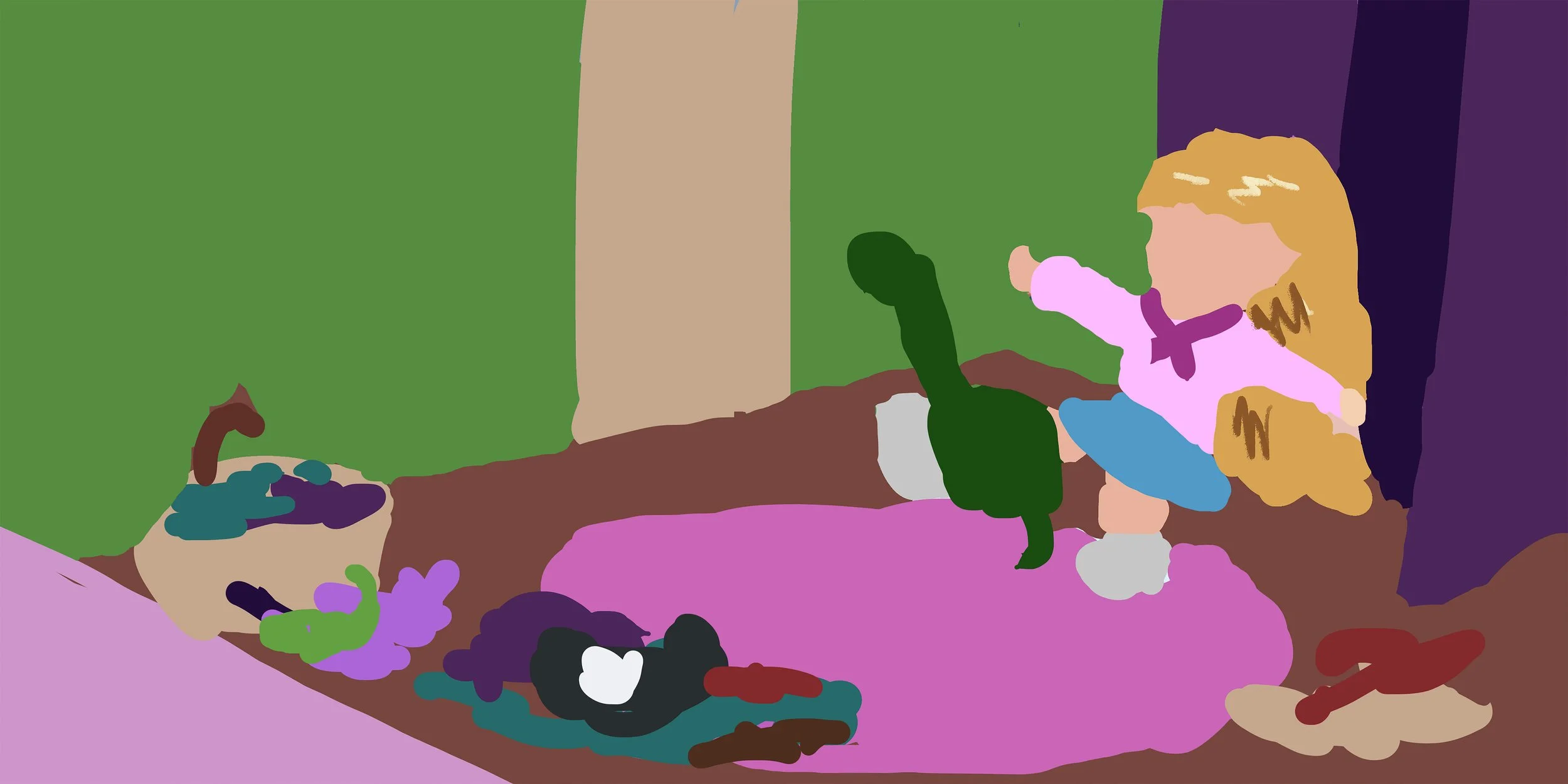 Girl with long blonde hair, wearing a pink top and blue skirt, sitting on purple carpet, playing with dolls and stuffed animals on the floor.