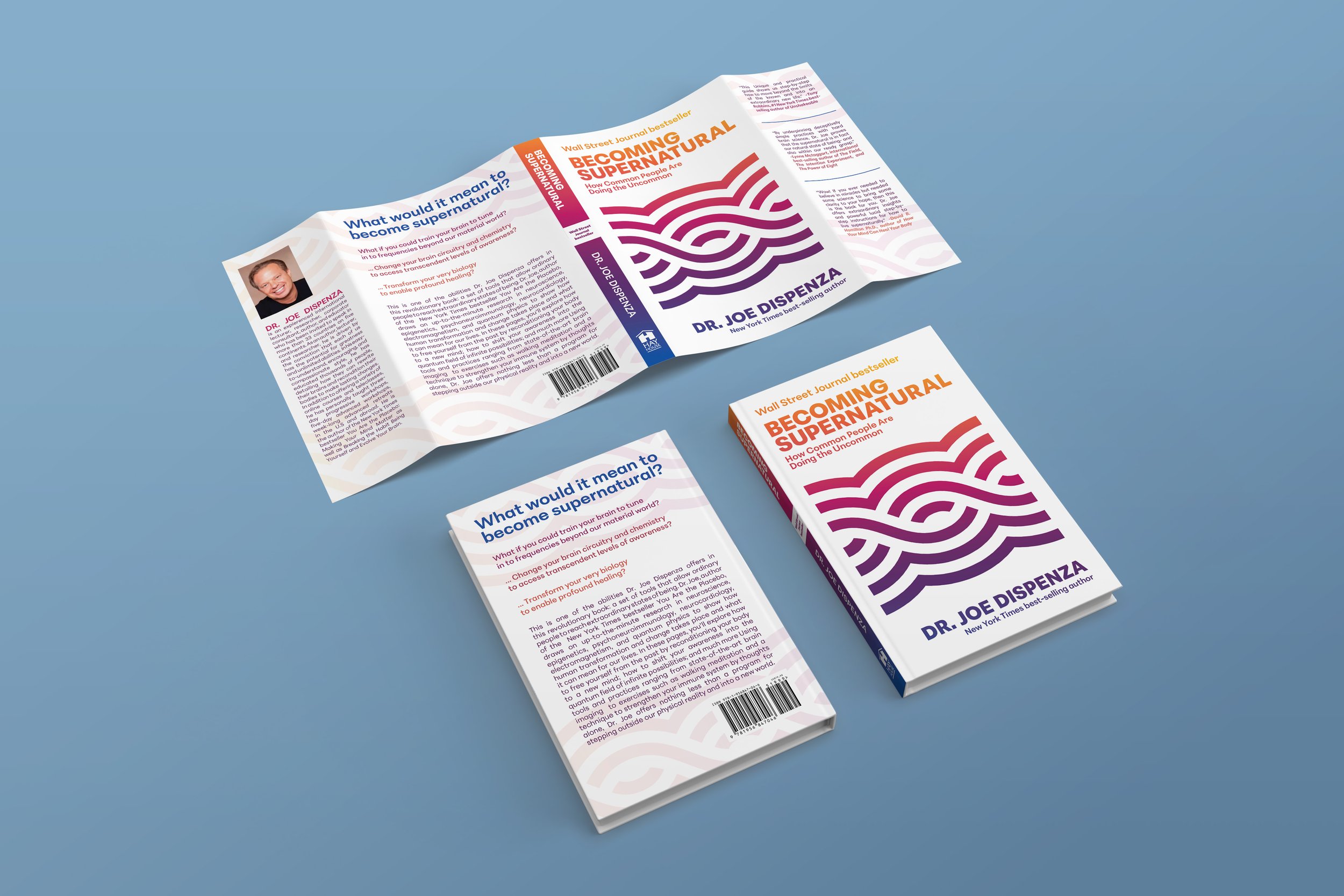 Three copies of a book titled "Becoming Supernatural" by Dr. Joe Dispenza, with two showing the front cover and one showing the back cover, placed on a blue surface.