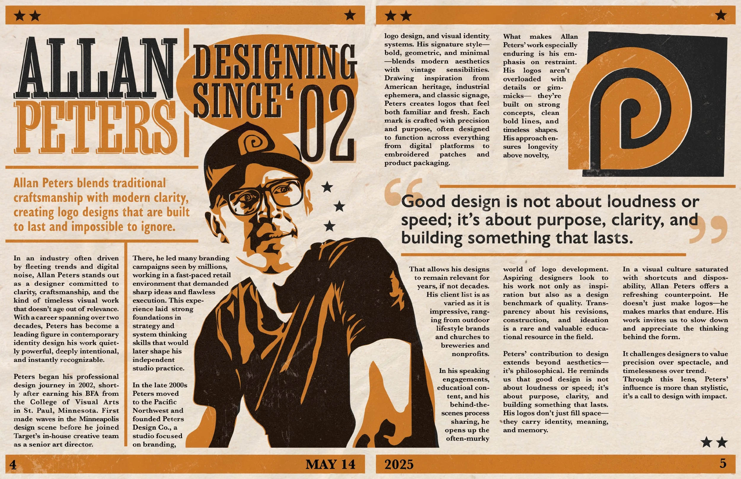 A newspaper or magazine spread featuring a portrait illustration of Allan Peters, an article about his design philosophy, history, and contributions, with text in black and orange, and a logo with a stylized letter 'D'.