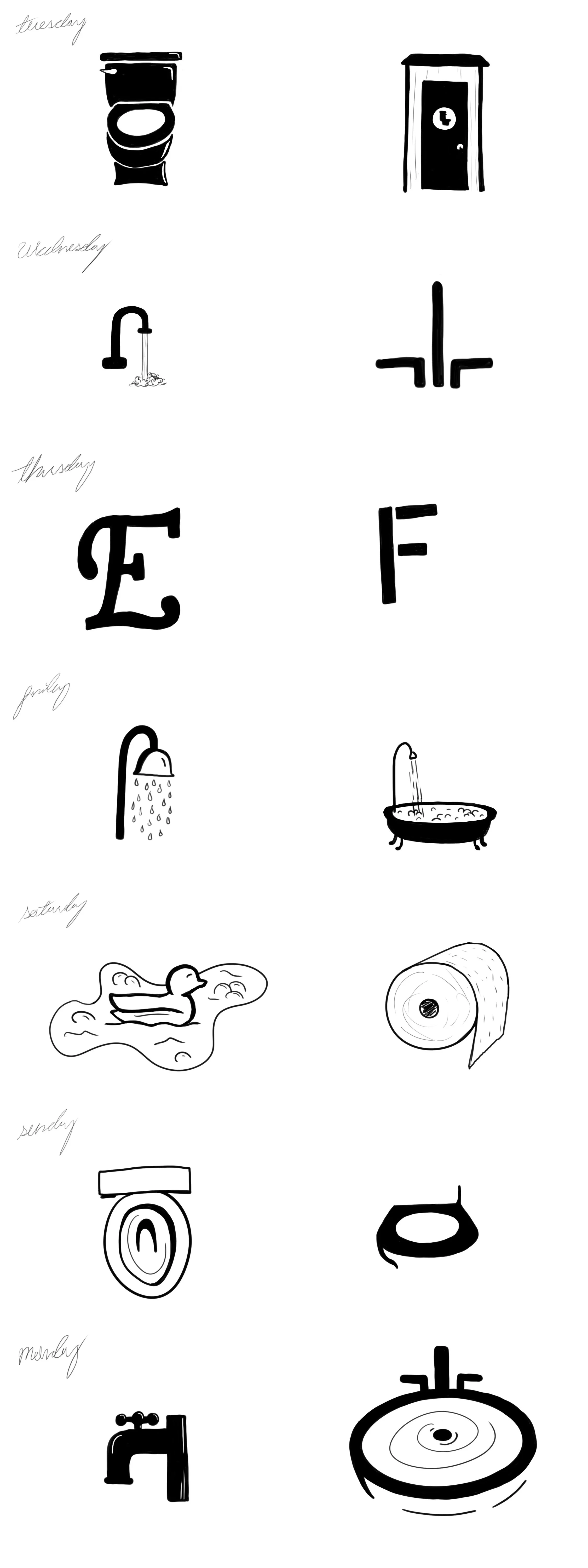 A series of black and white illustrations of bathroom and bathing-related items and symbols, each associated with a day of the week.