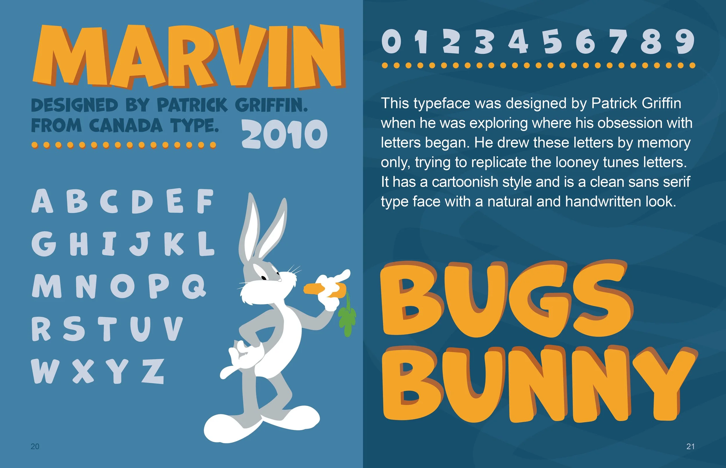 An illustrated cartoon character of Bugs Bunny holding a carrot, with the words "Bugs Bunny" in large, orange, cartoon-style letters. The background features the alphabet in blue letters and a dot-to-dot number line from 0 to 9. Text describes the Marvin typeface designed by Patrick Griffin, with the year 2010.