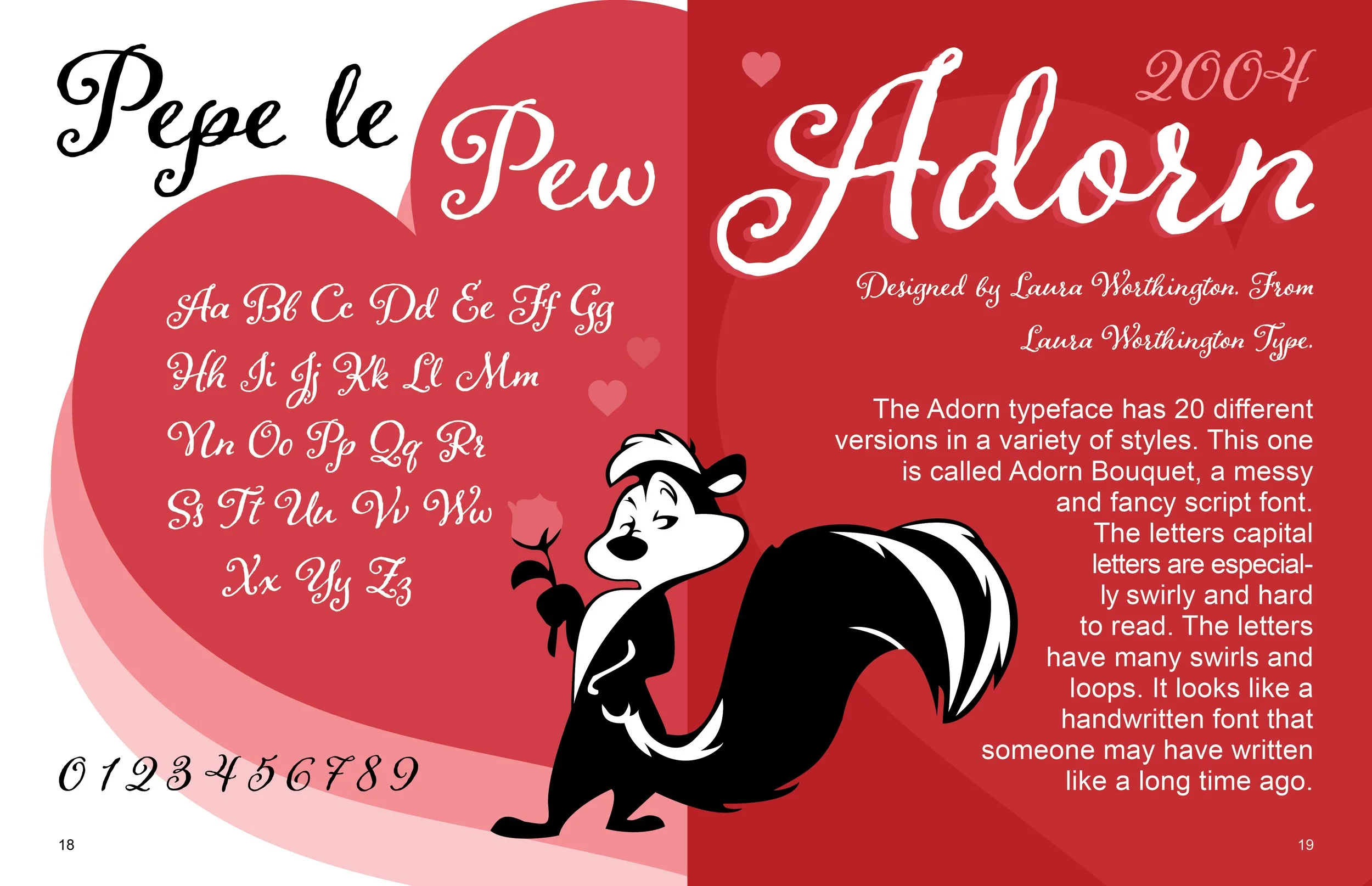 A colorful, cartoon-style alphabet and font guide featuring the Peanuts character Sally holding a flower. The left side shows the alphabet in a cursive, decorative font called Adorn Bouquet, with numbers 0-9 at the bottom. The right side provides information about the font's designer and style.