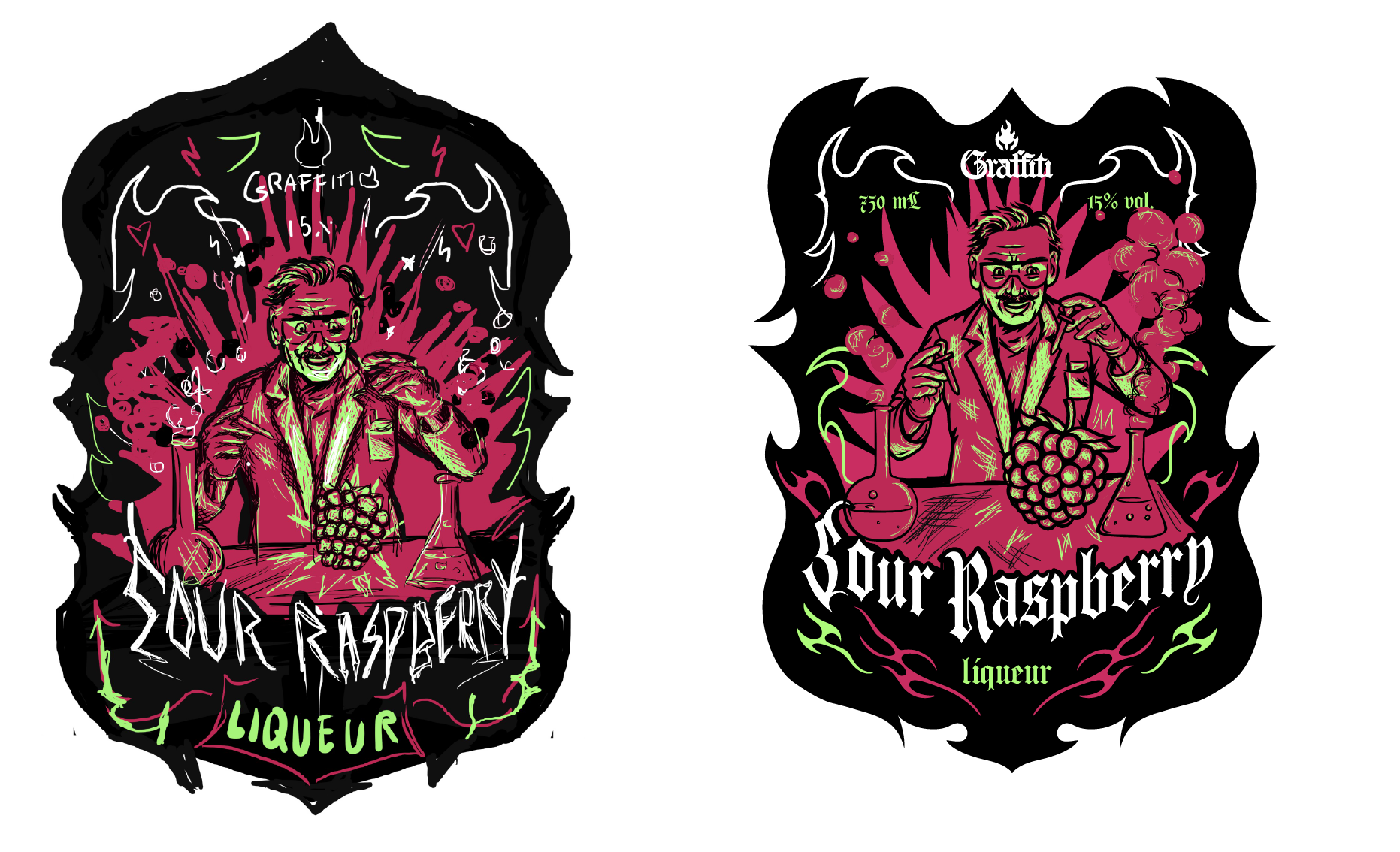 Two illustrated labels for raspberry liqueur with a man in glasses in a lab coat, surrounded by chemical flasks, grapes, and smoke, with handwritten and gothic text, predominantly in black, pink, and green colors.