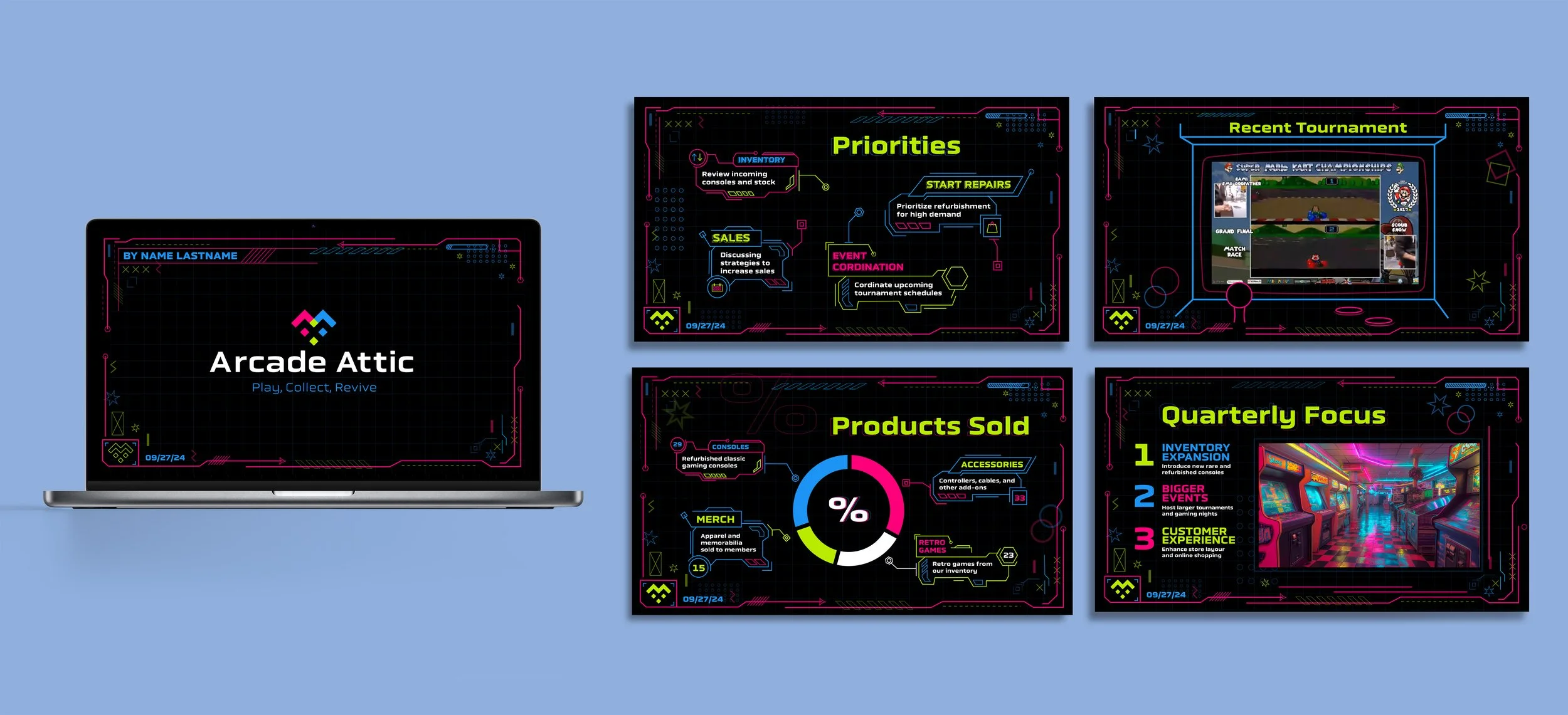 A laptop displaying a presentation for Arcade Attic, a gaming business, with digital neon-themed slides showing company priorities, recent tournament highlights, product sales statistics, and quarterly focus areas, all set against a light blue background.