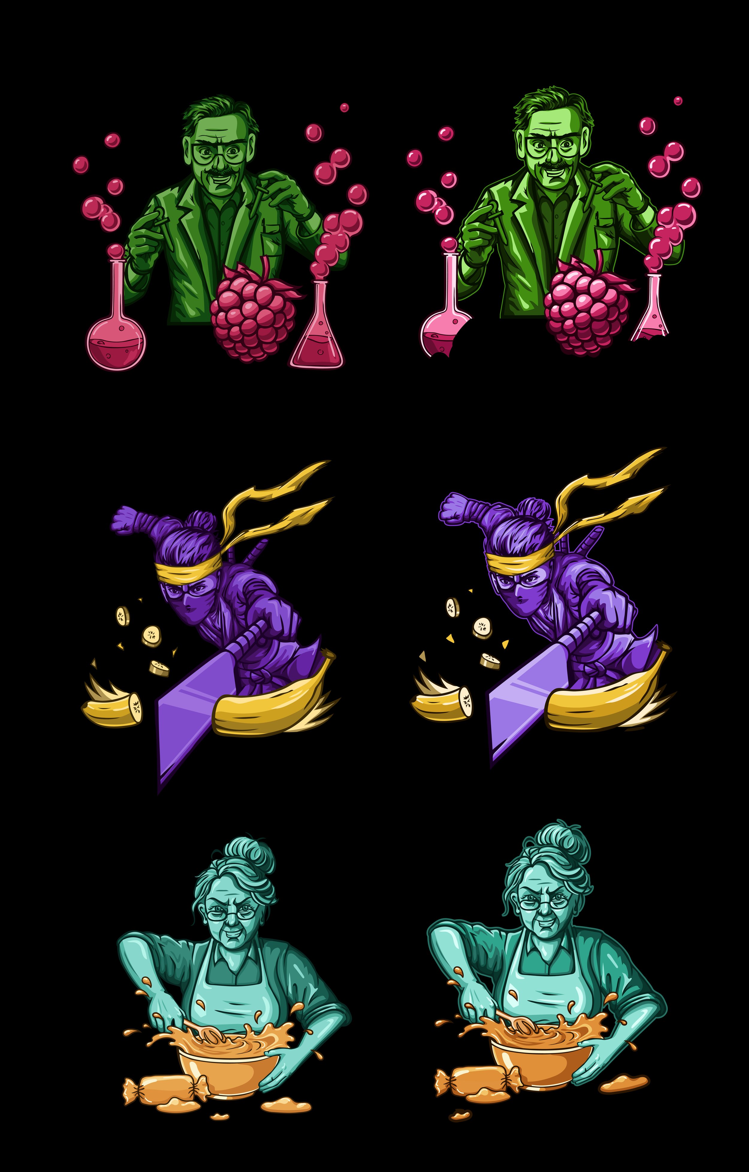 Six digital illustrations of people, two scientists, two ninjas, and one woman, all in different poses against a black background.