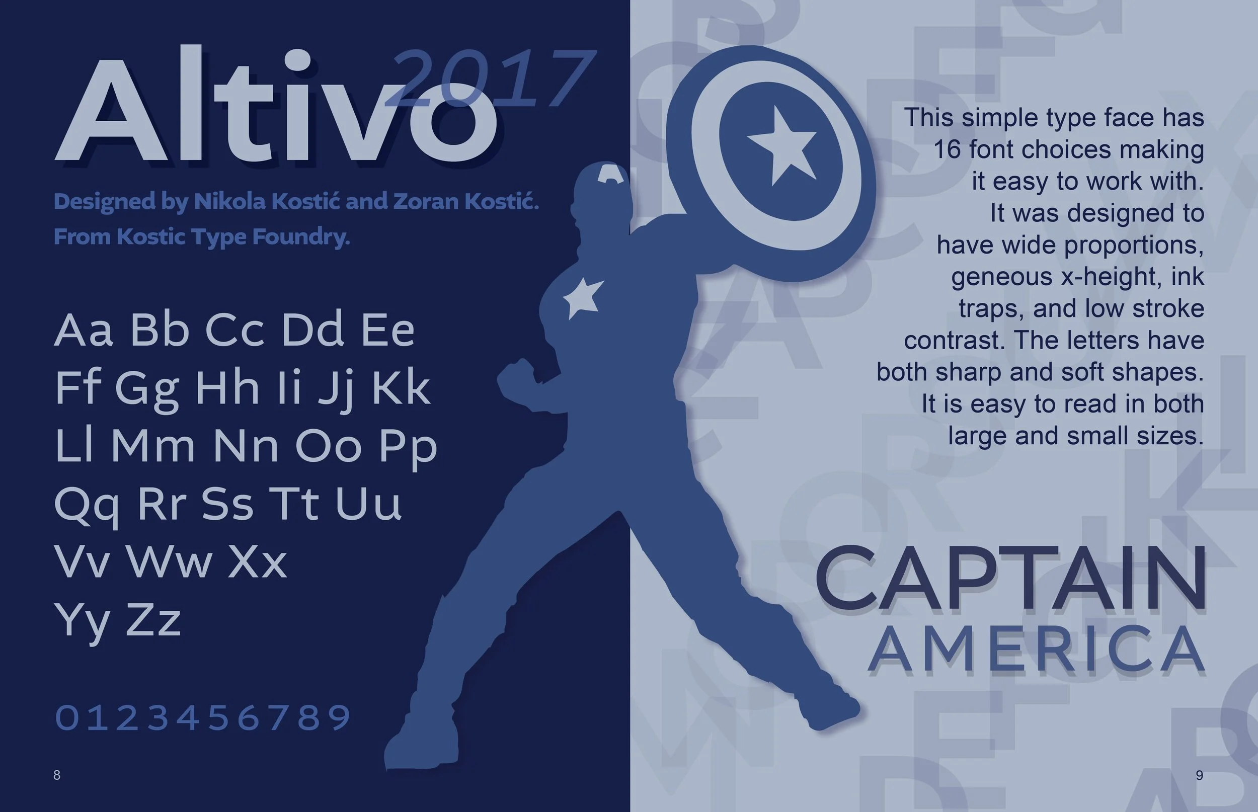 Image of a promotional poster for the 'Altivo' font, designed by Nikola Kostic and Zoran Kostic, featuring the alphabet in uppercase and lowercase, numeric characters, a silhouette of a running figure holding a shield with a star, and text describing the font's design features. The font is characterized by wide proportions, low stroke contrast, and a mix of sharp and soft shapes.