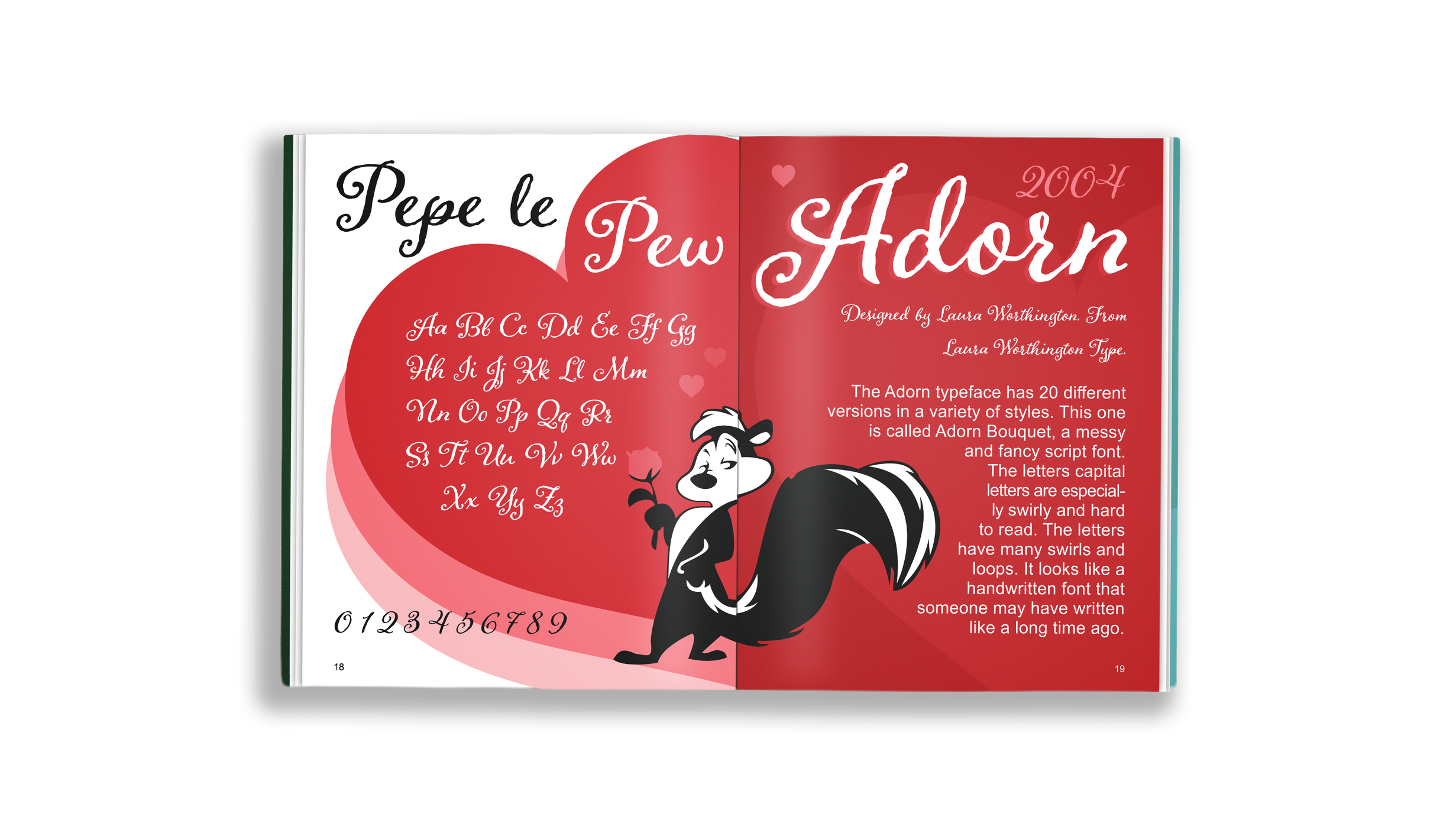 Open book displaying a font sample titled 'Pepe le Pew Adorn 2004'. The left page shows the alphabet in a cursive font and numbers, with a large red heart background. The right page has text describing the font and a cartoon skunk character.