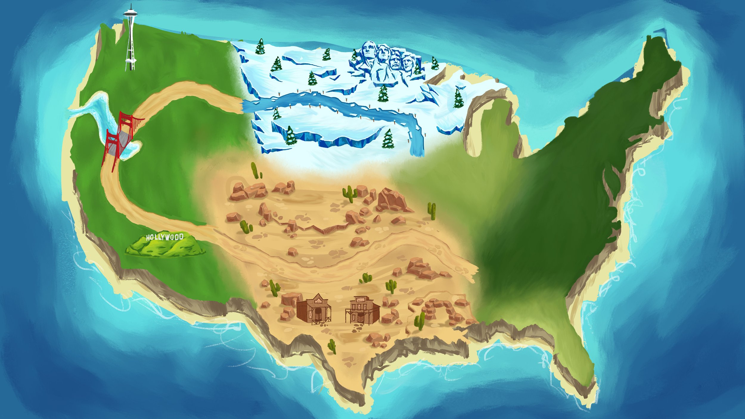 Map of the United States showing various landmarks including Hollywood in California, the Grand Canyon, Mount Rushmore in South Dakota, Yellowstone with geysers and waterfalls, a desert area with cacti, and water bodies around the coast.