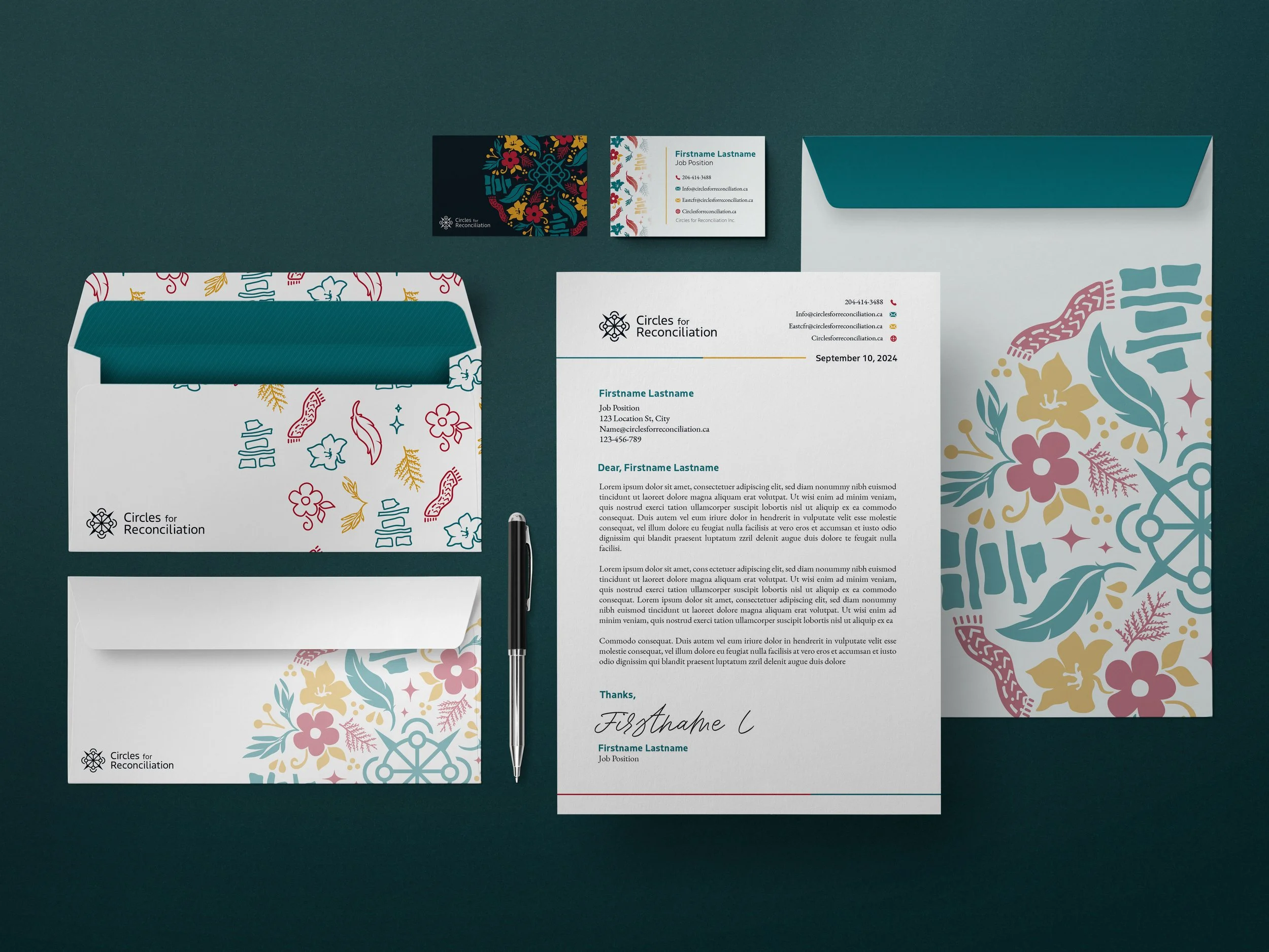 Business stationery set including two letterhead paper, two envelopes, two business cards, and a pen. The stationery features floral and symbolic designs with a Muslim motif and the logo for Circles for Reconciliation.