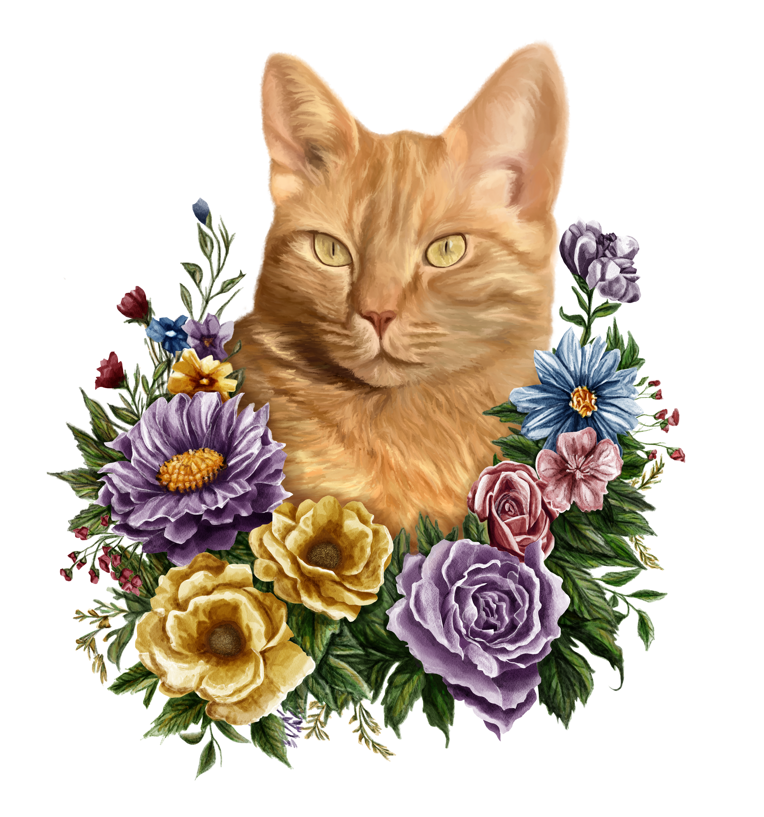 An illustration of a ginger cat's face surrounded by colorful flowers including roses, pansies, and other blooms.