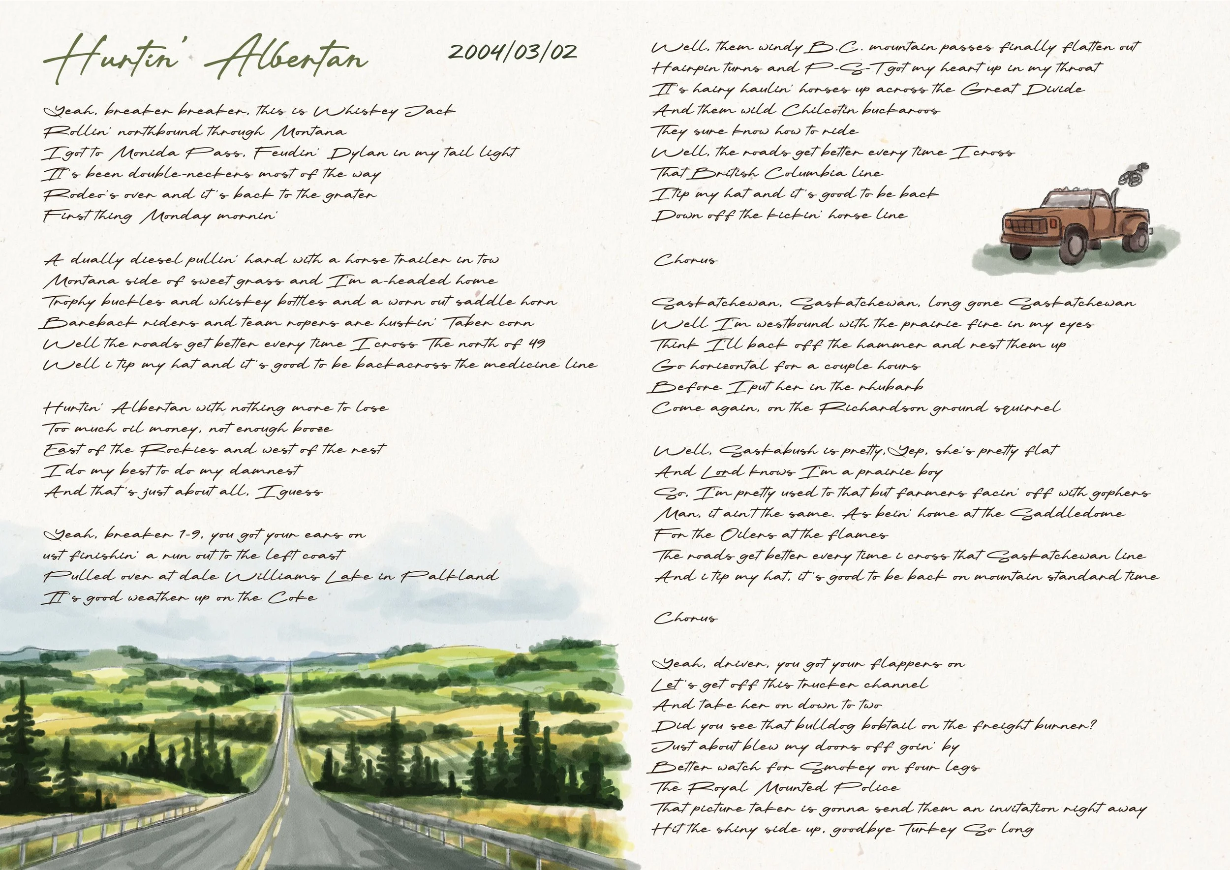 Handwritten lyrics of 'Hurtin' Albertan' with a watercolor illustration of a road through green fields and trees, and a drawing of a pickup truck with a cloud of smoke, on a light-colored background.