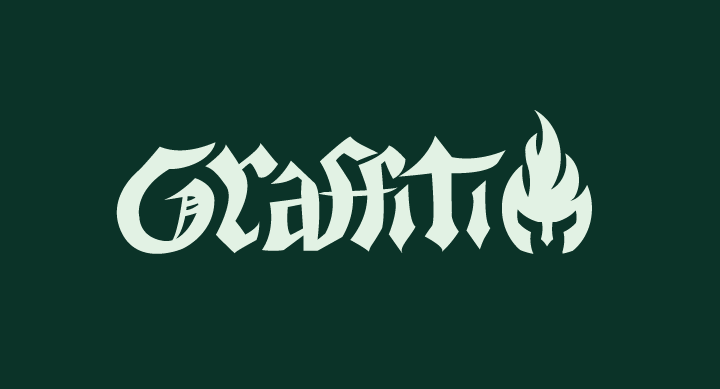 GRAFFITI text logo with a flame design on a dark green background.