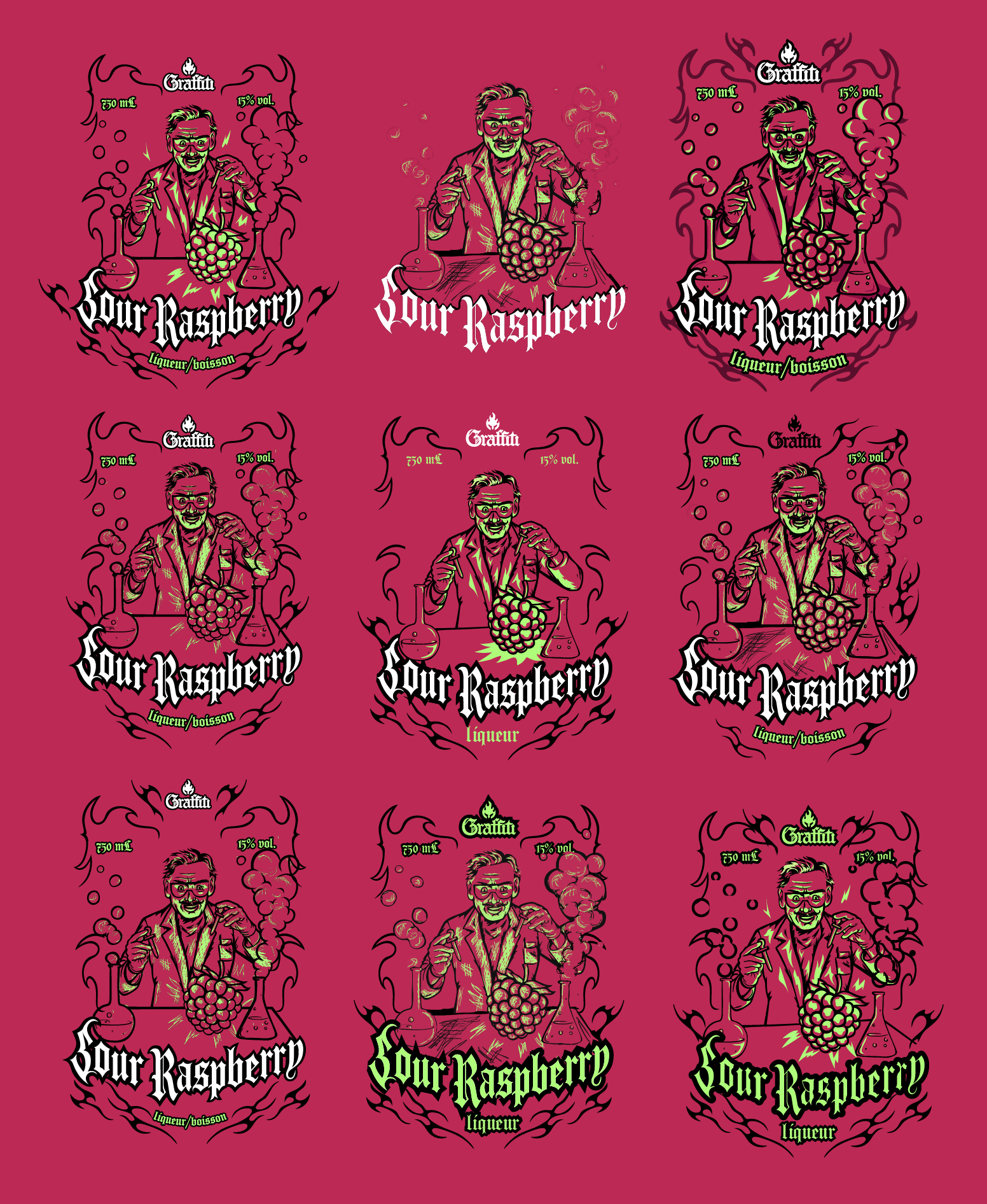 Multiple colorful labels for a raspberry liqueur named 'Our Raspberry,' featuring a man with glasses and a beard, surrounded by smoke and grape imagery, with text indicating 750 ml and 15% alcohol content.