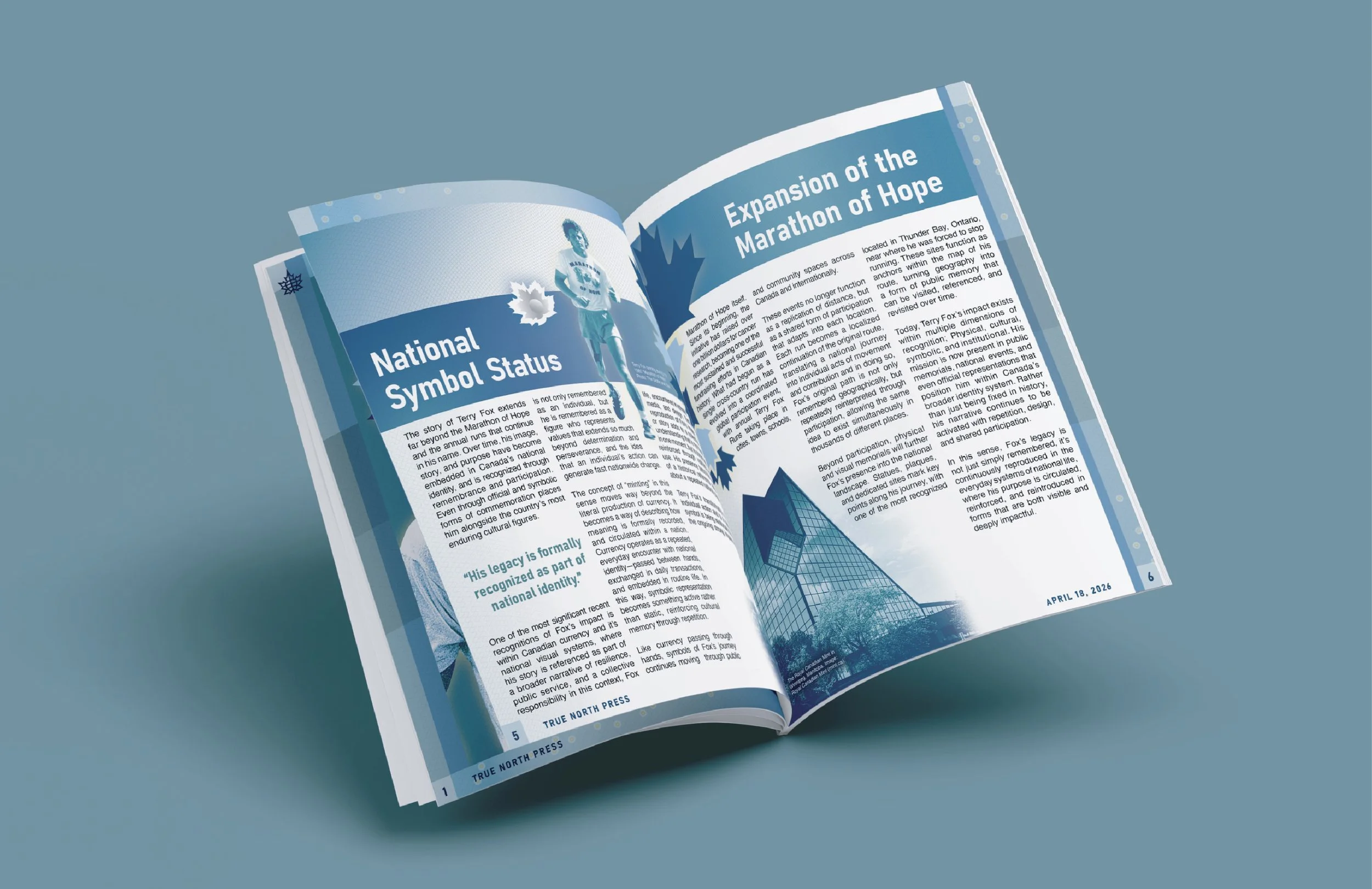 Open magazine with articles about the Marathon of Hope, Canadian history, and a photo of a runner; featuring blue and white pages and an architectural graphic of a skyscraper on the right page.