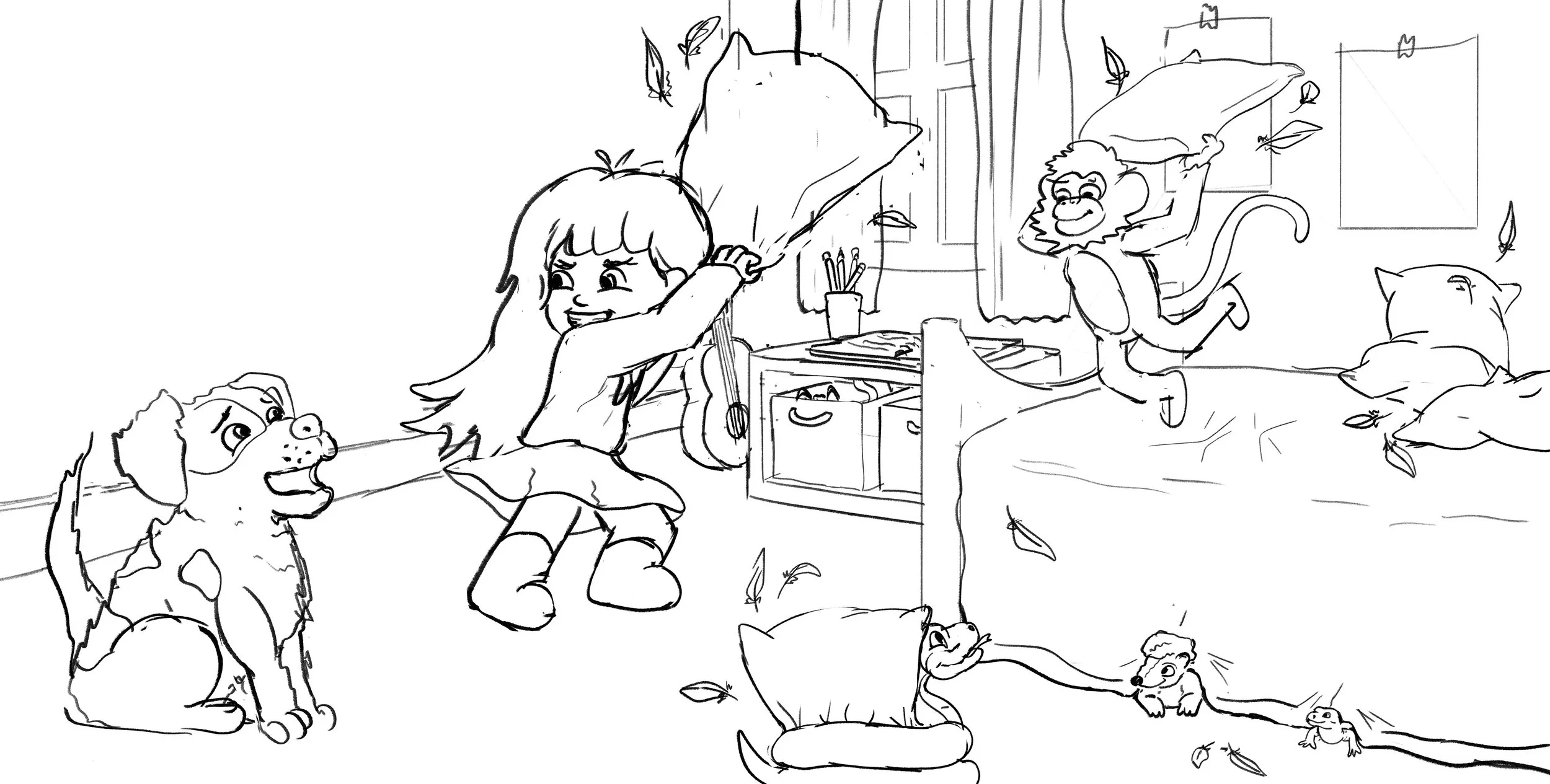 Sketch of a girl and a dog playing with a bed as a jungle, with a monkey and several mice, in a room with shelves, window, and leaf decorations.