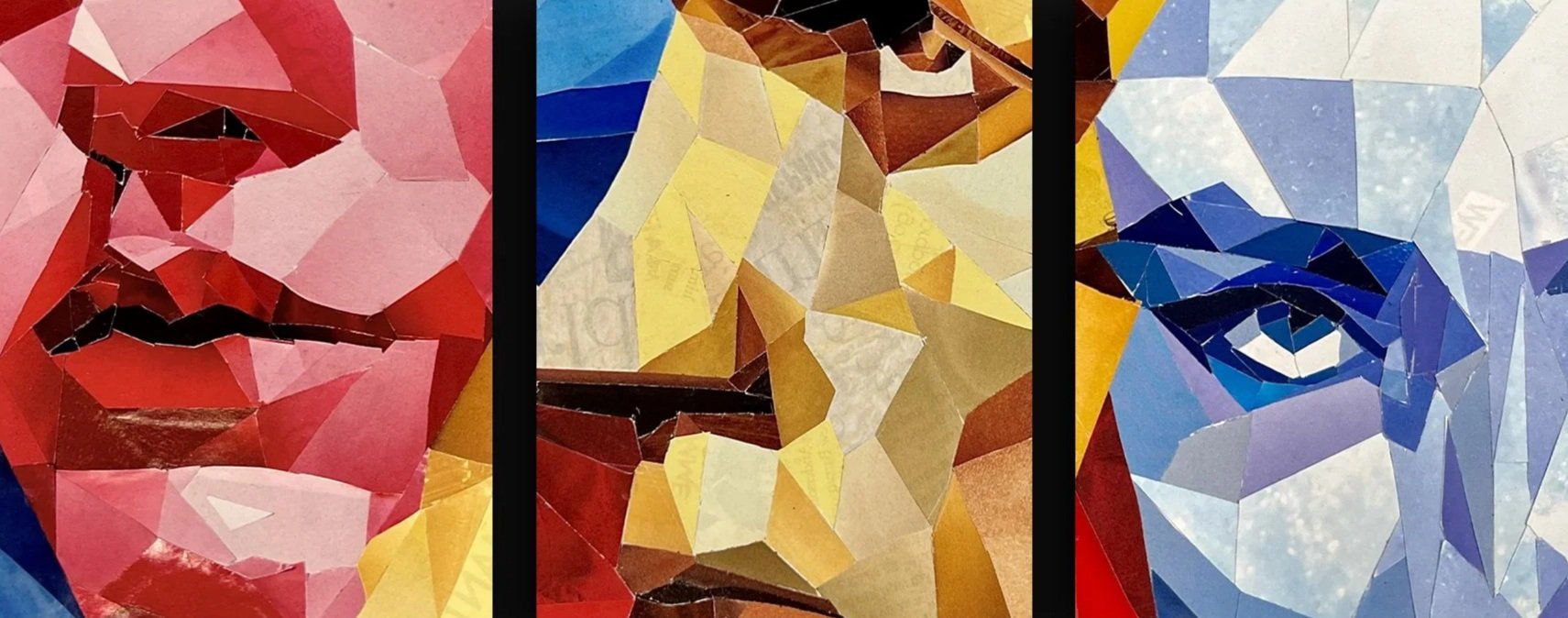 Collage of three mosaic portraits of women, with each face created from colorful, geometric paper pieces.