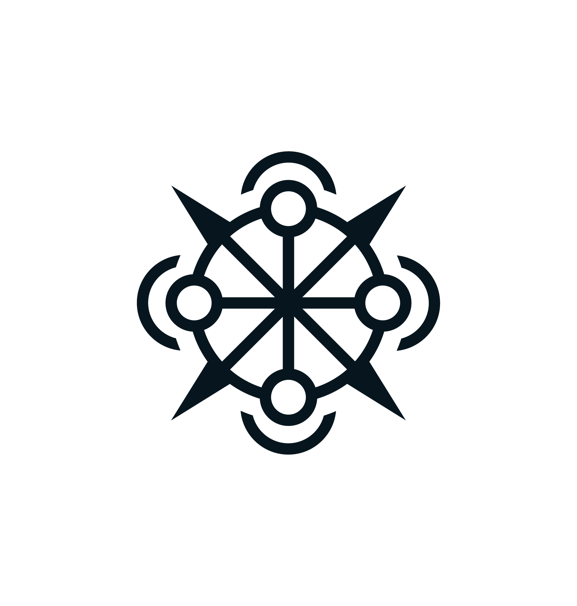 Black background with a geometric maze or compass-like symbol in dark lines.