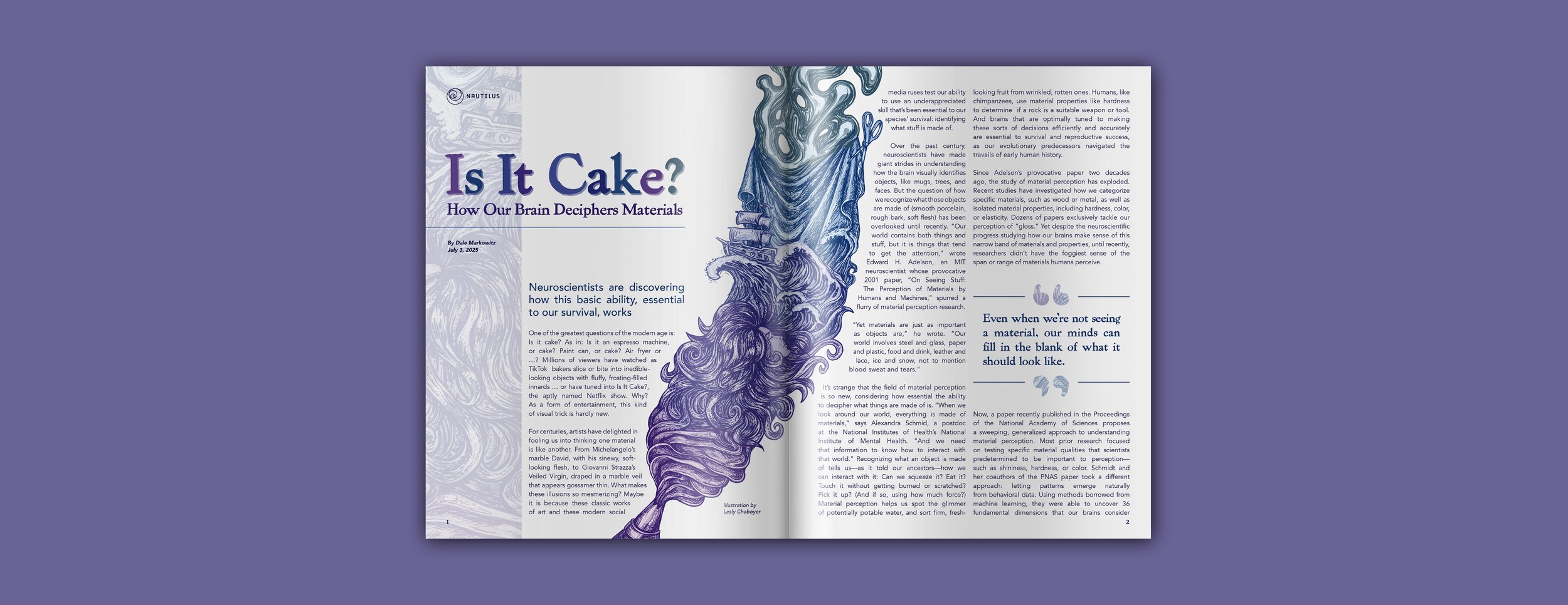 An open magazine or brochure titled "Is It Cake? How Our Brain Deciphers Materials" featuring text and illustrations of a brain in blue tones.